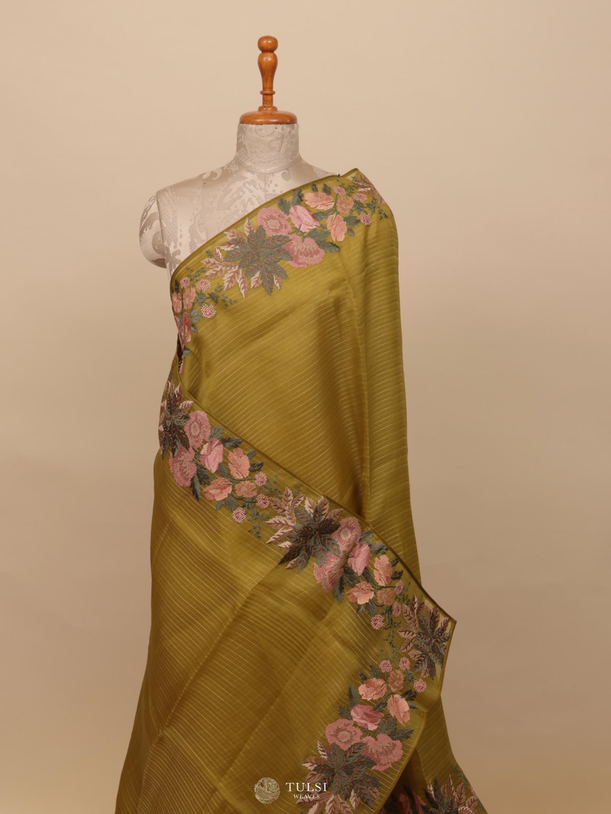 Olive Green Organza Embroidery Saree