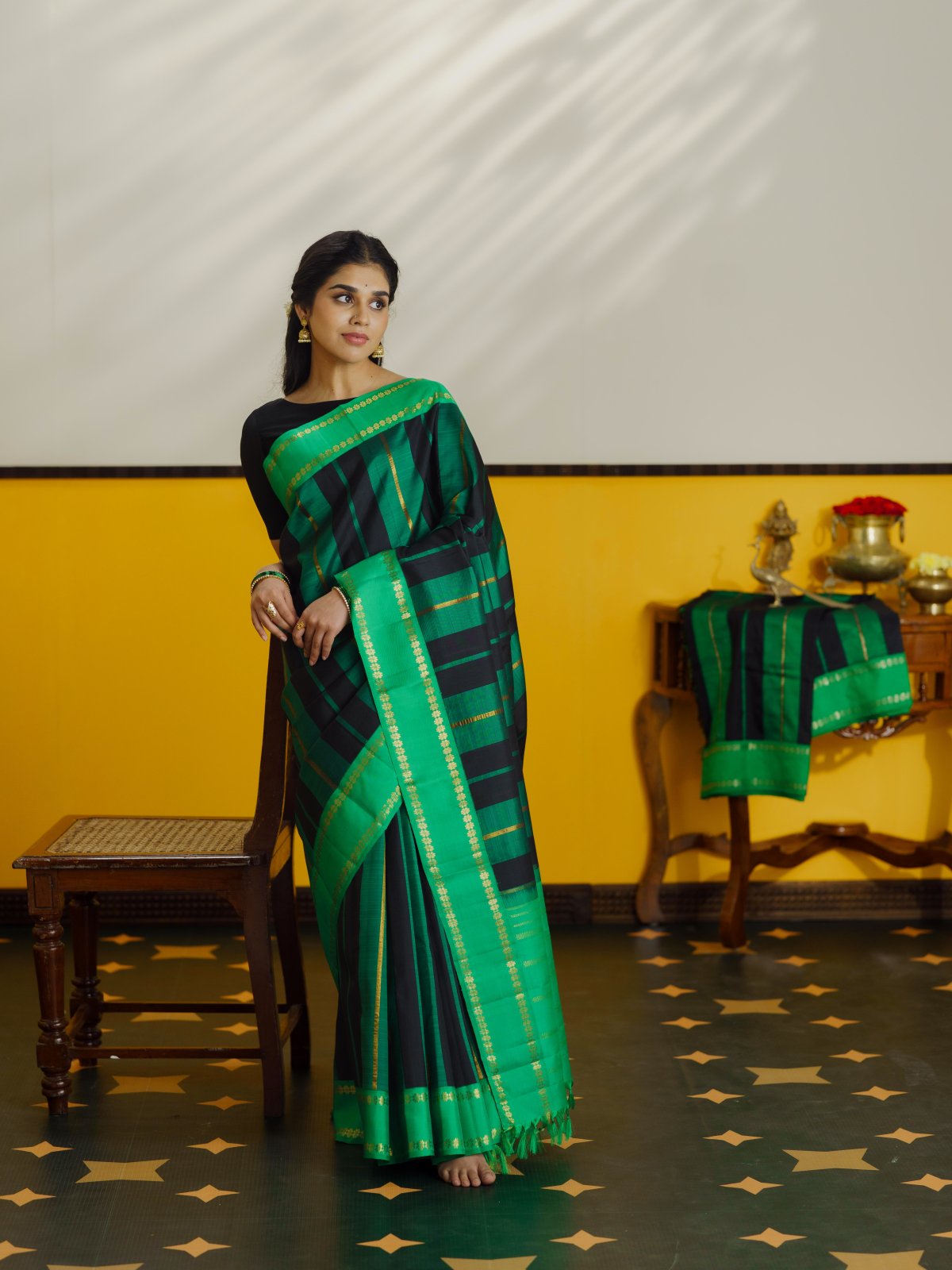 Vintage 75 - Black And Green Vertical Striped Kanjeevaram Silk Saree With Green Border 