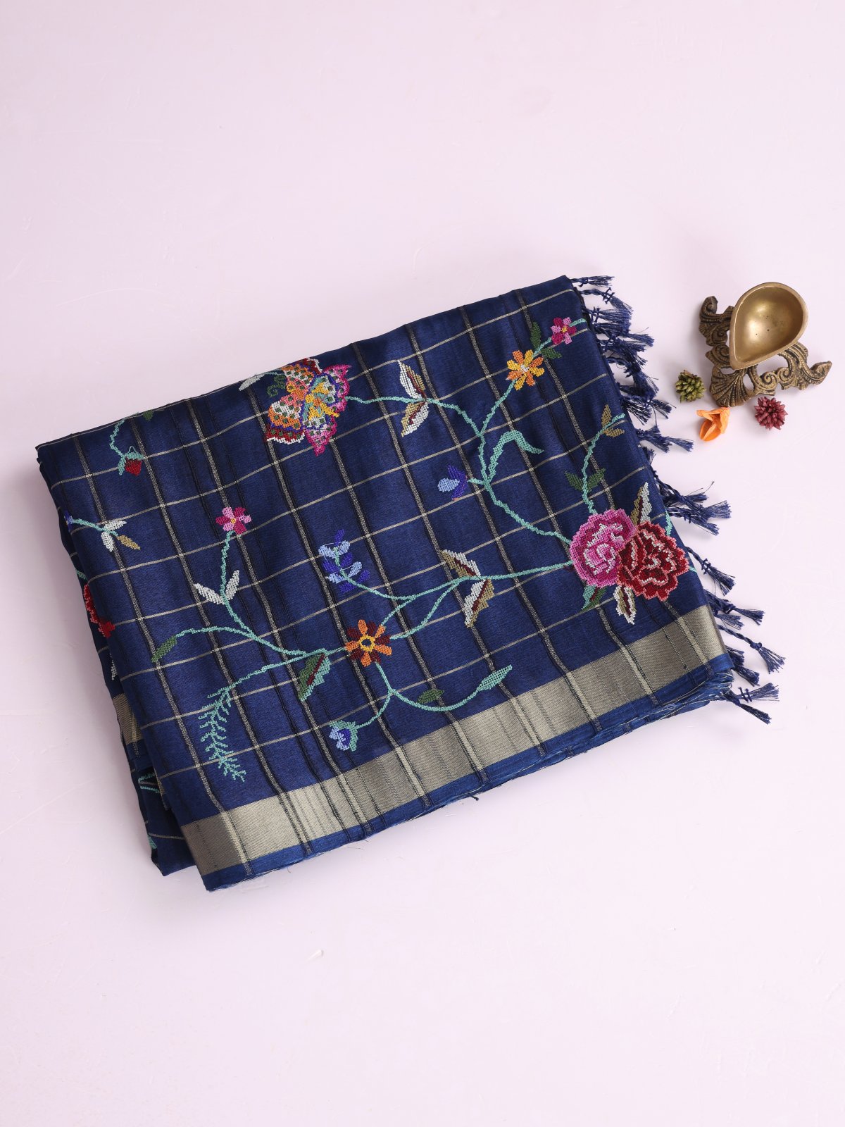 Navy Blue Zari Checked Semi Tussar Silk Saree With Cross-Stitch Embroidery