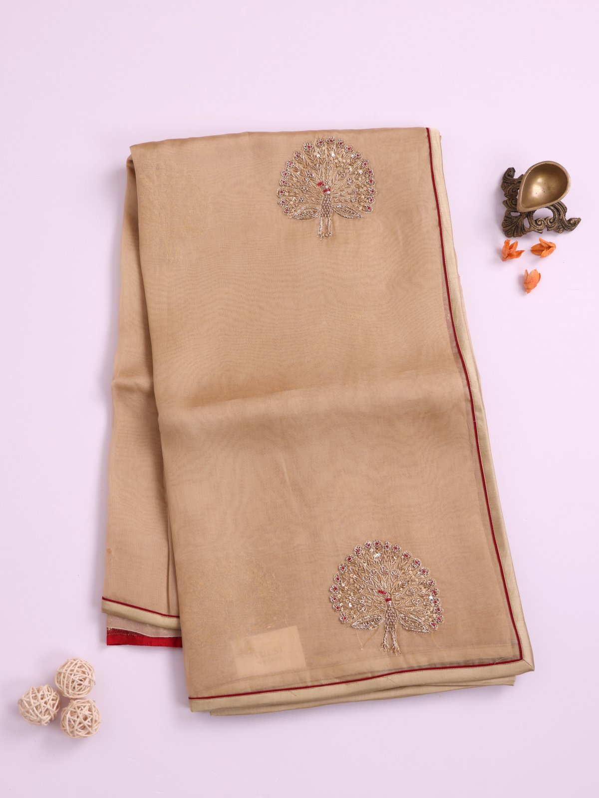 Beige Embroidered Organza Silk Saree 