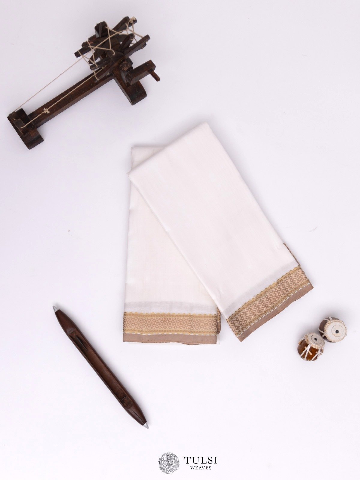 White Silk Dhoti With Self Zari Border