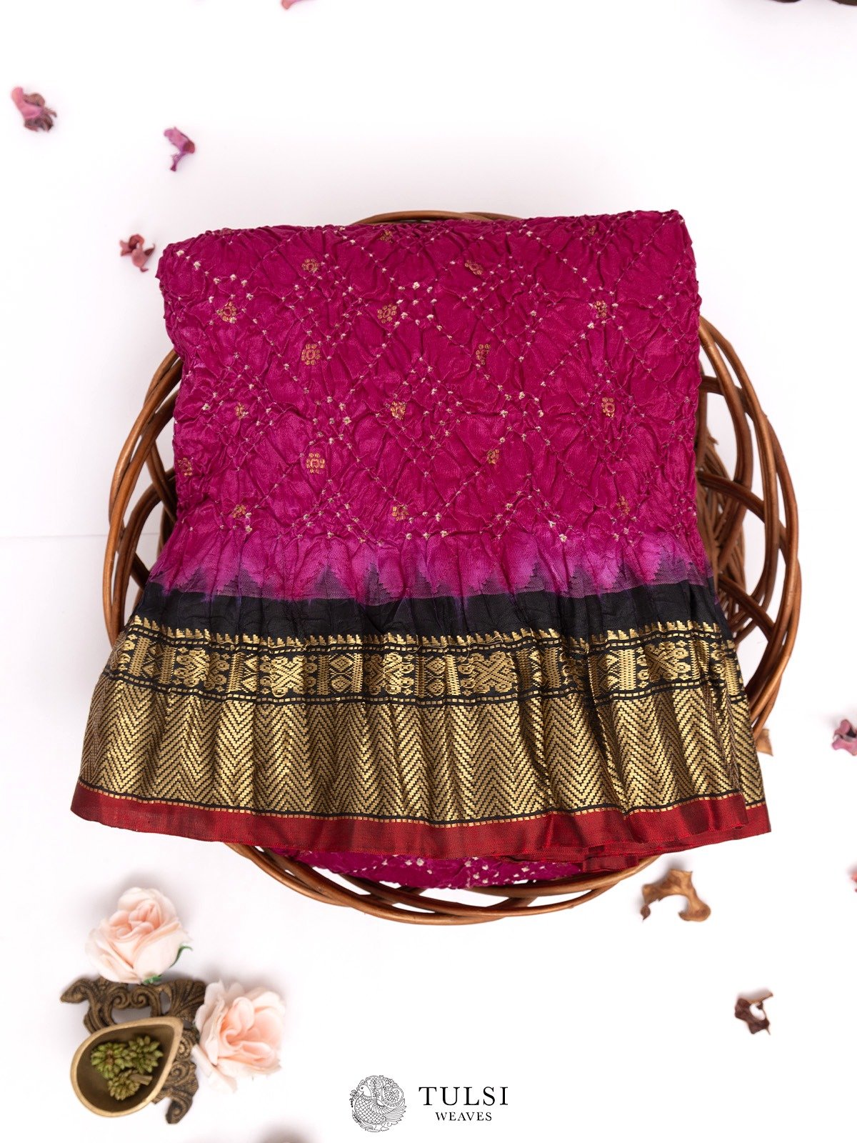 Magenta Gadwal Silk Saree with Bandhini 