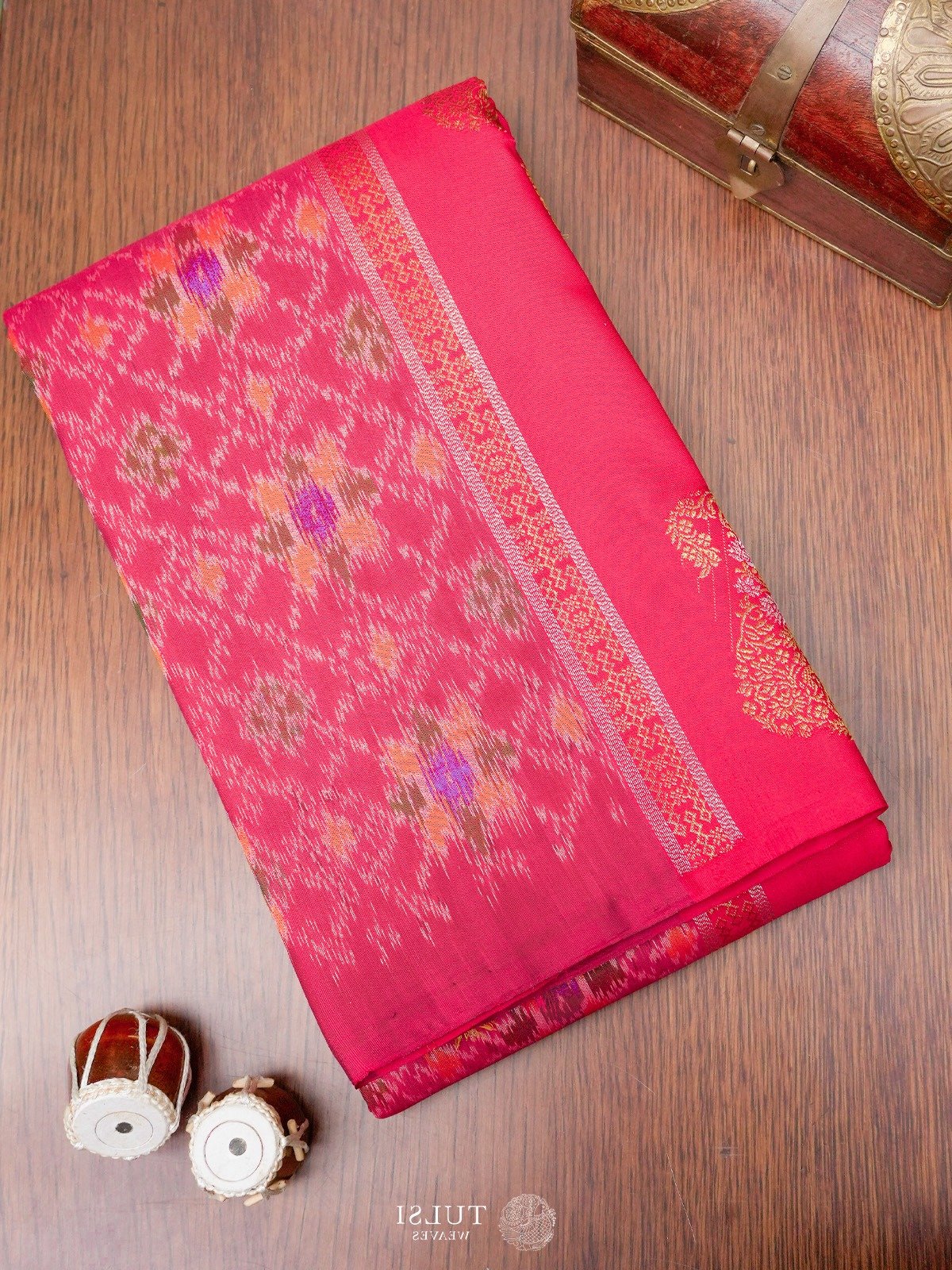 Red  Kanjeevaram Silk Saree with Ikat Pattern