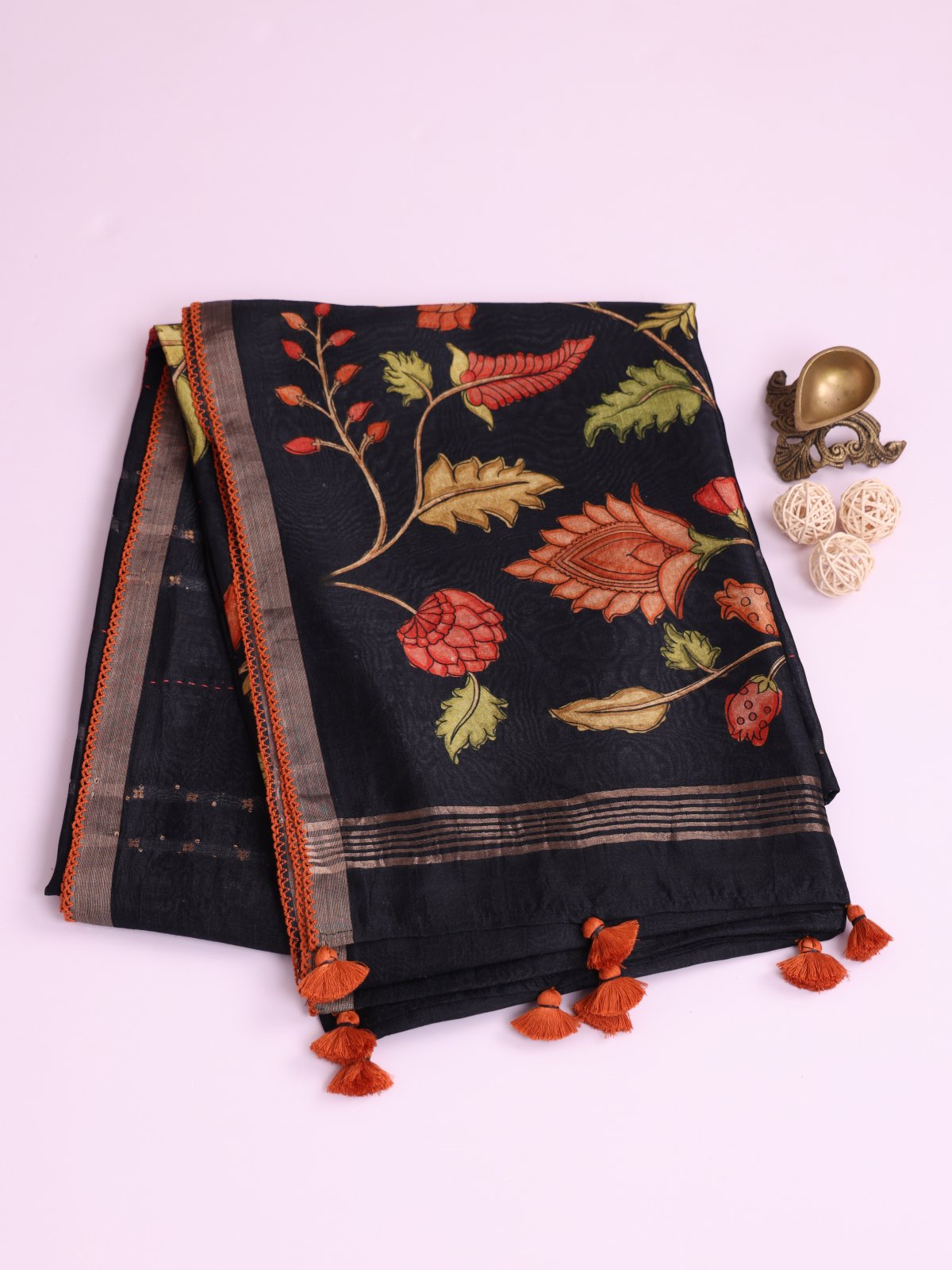 Black Kora Tussar Silk Saree 