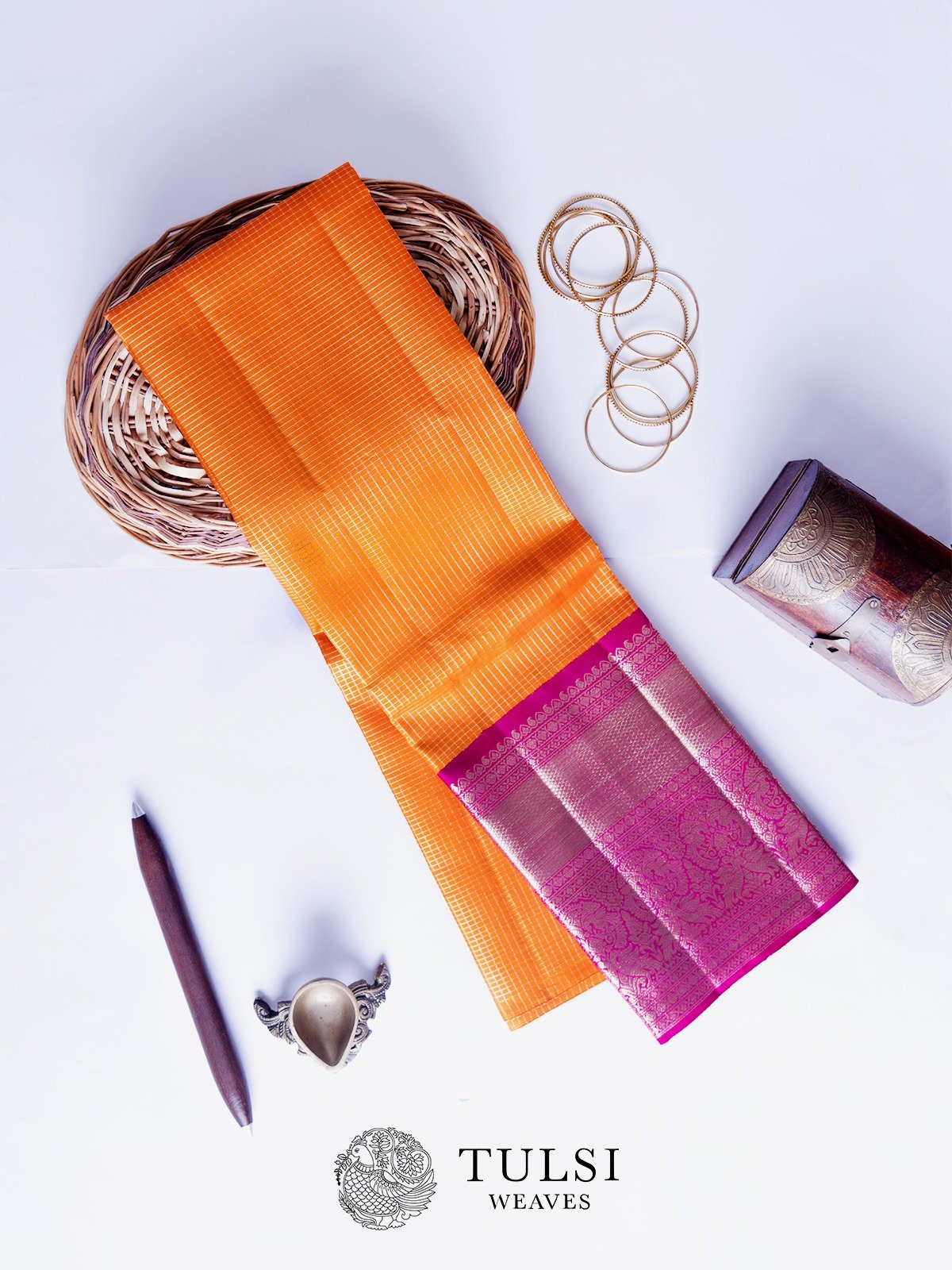 Orange Kanjeevaram Silk Pavadai With Purple Border