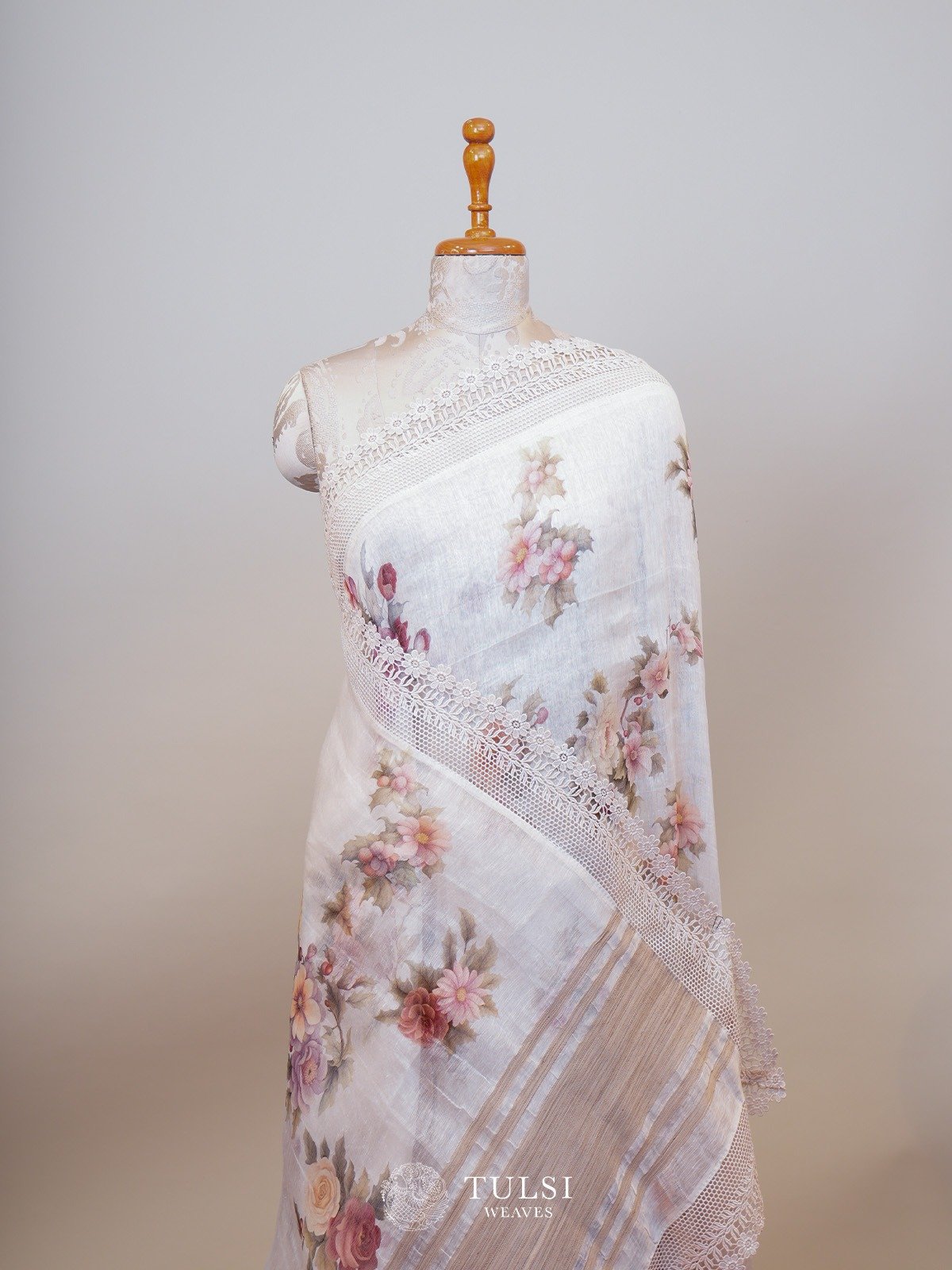 White Printed Linen Silk Saree