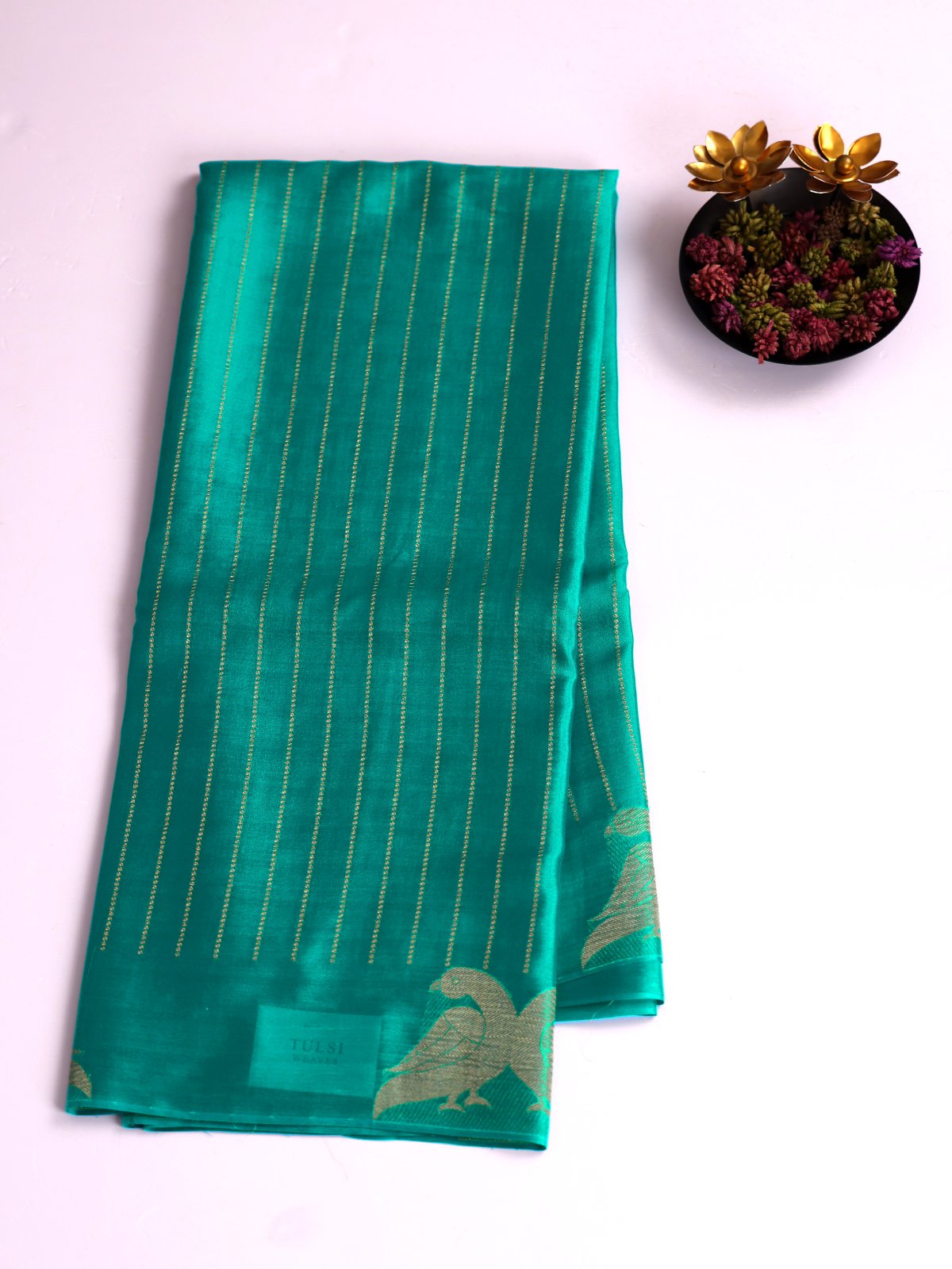 Dark Aqua Zari Striped Mysore Silk Saree