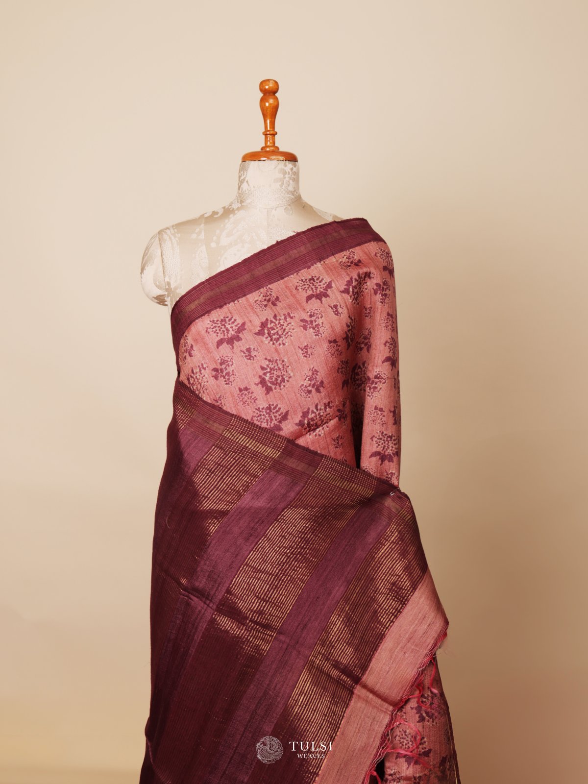 Peach Printed Tussar Silk Saree