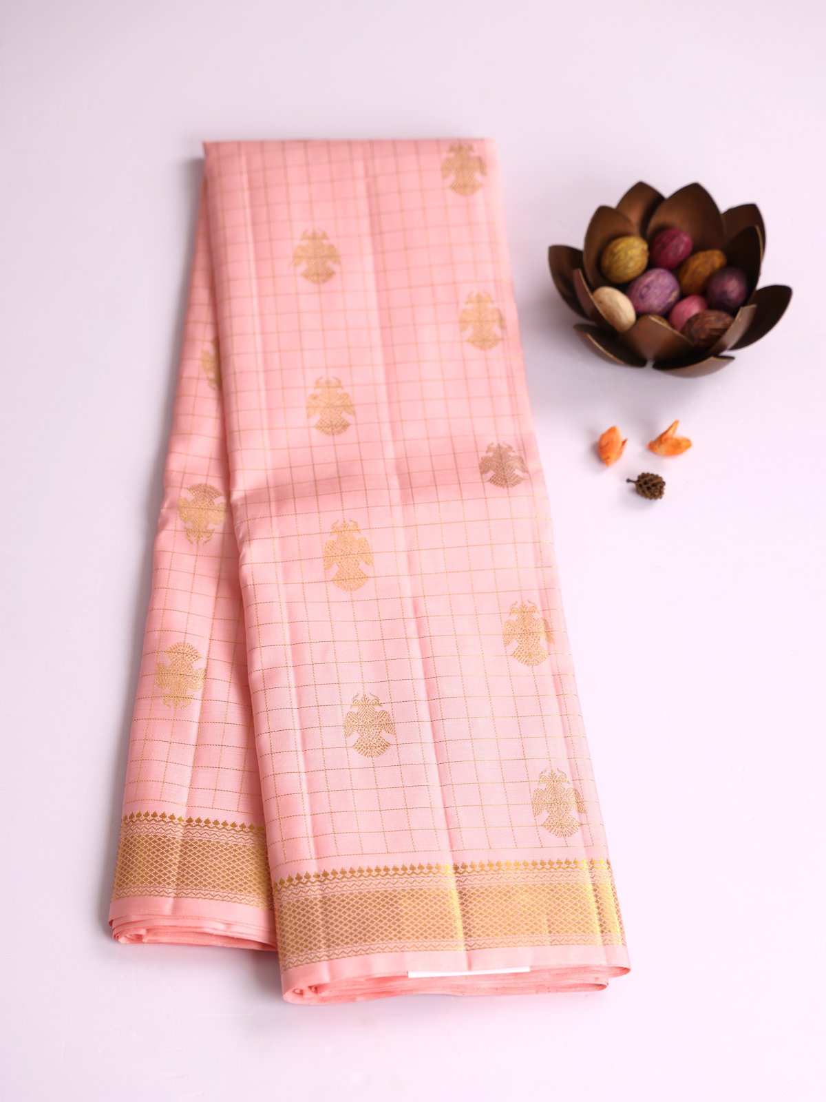 Baby Pink Zari Checked Kanjeevaram Silk Saree With Zari Border