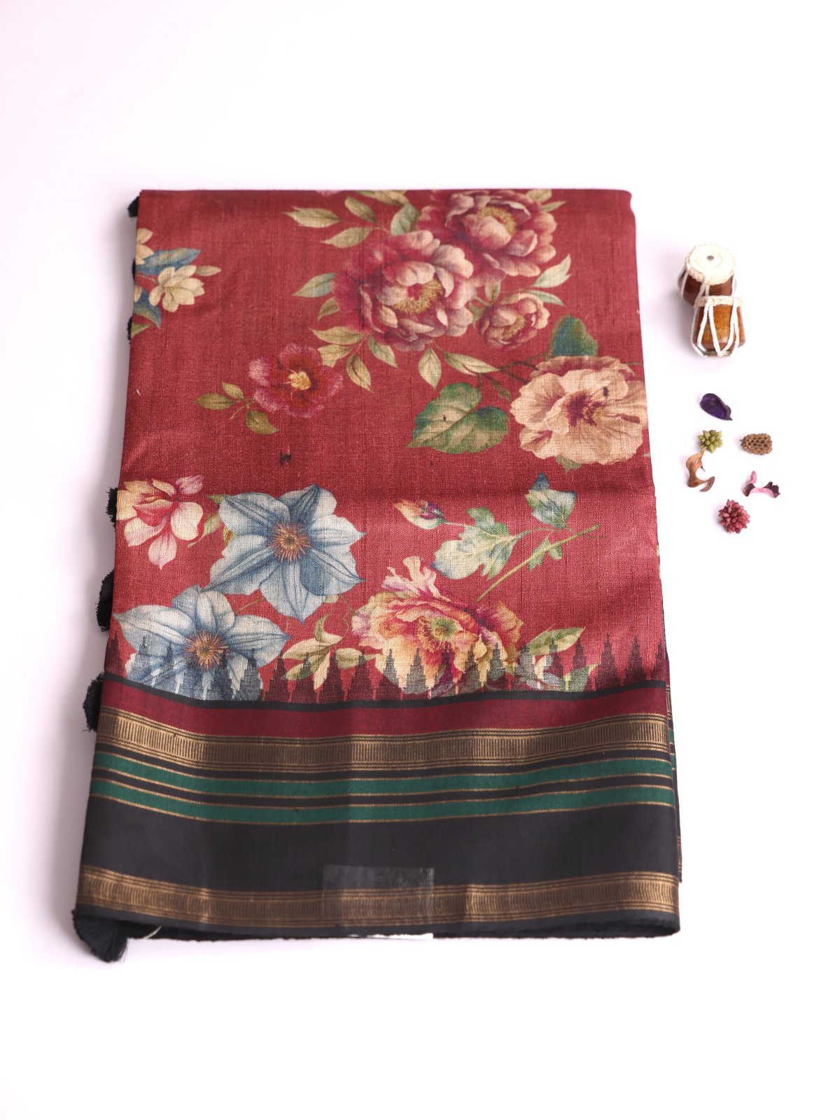 Dusty Red Printed Tussar Silk Saree With Black Border