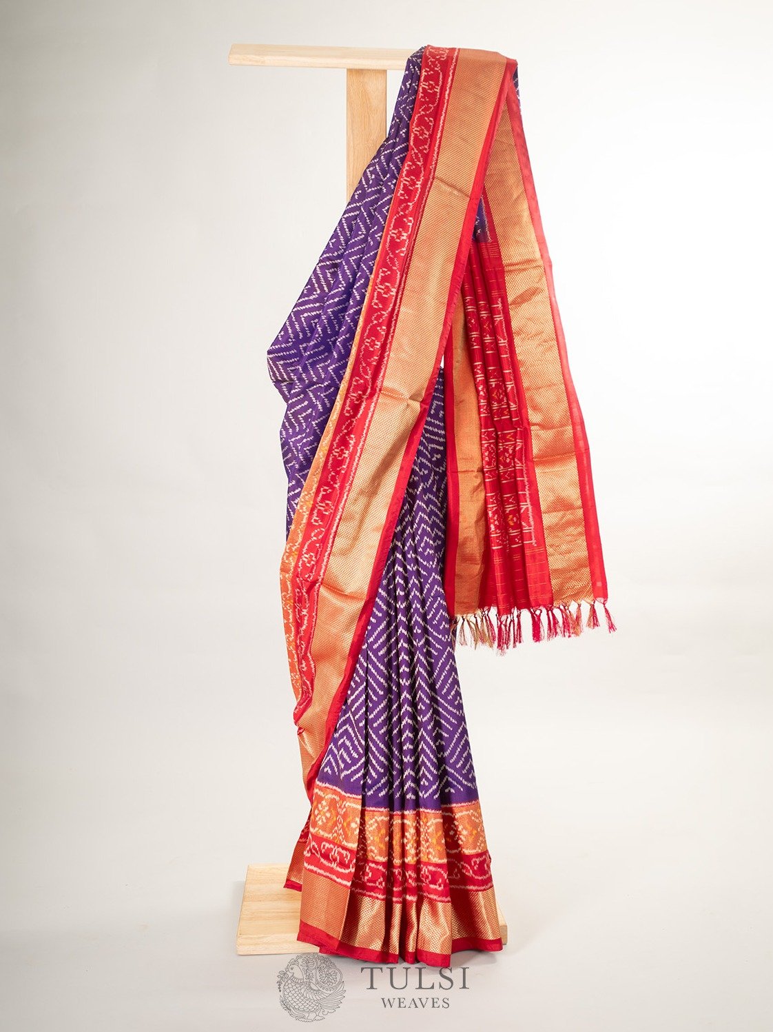 Violet Ikat Silk Saree With Red Border