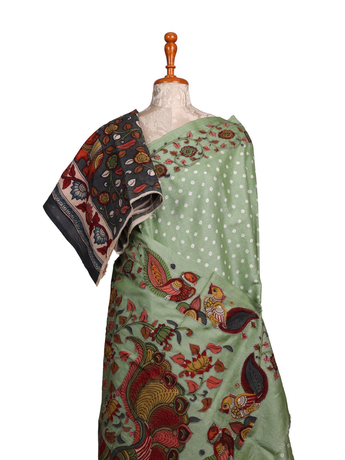 Sage Green Bandhini Tussar Silk Saree With Kalamkari Work