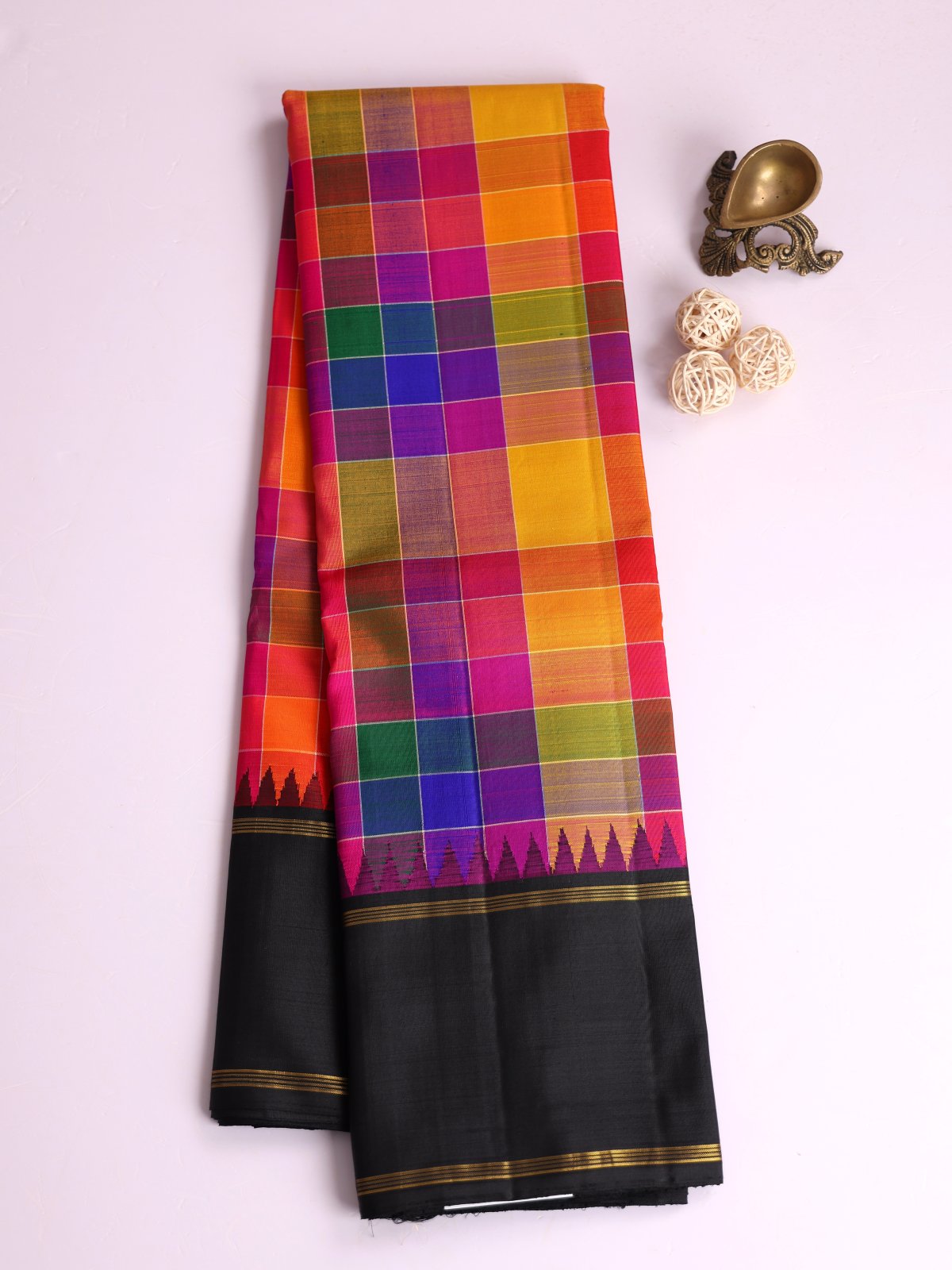 Multicolor Checked Kanjeevaram Silk Saree With Black Bodi Border