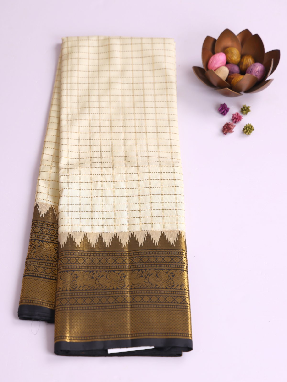Cream Zari Checked Kanjeevaram Silk Saree With Black Zari Border