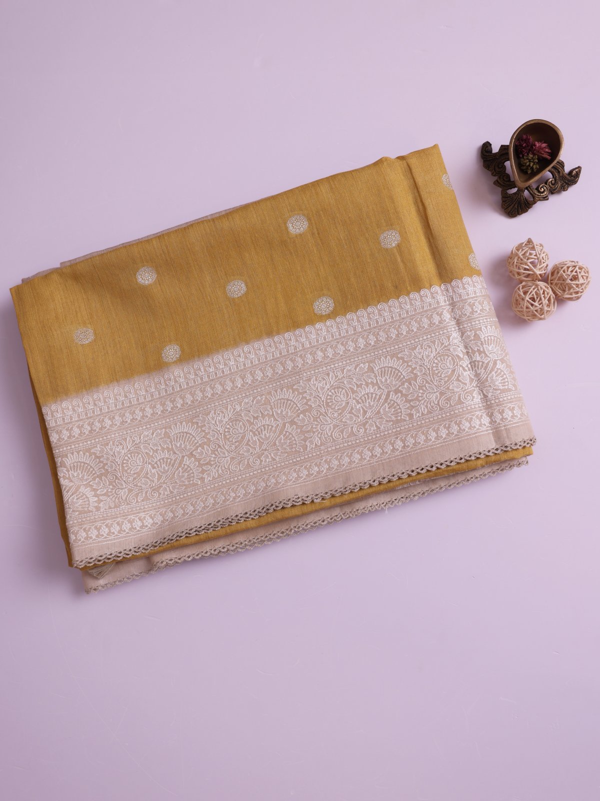 Mustard Munga Silk Saree With Beige Border