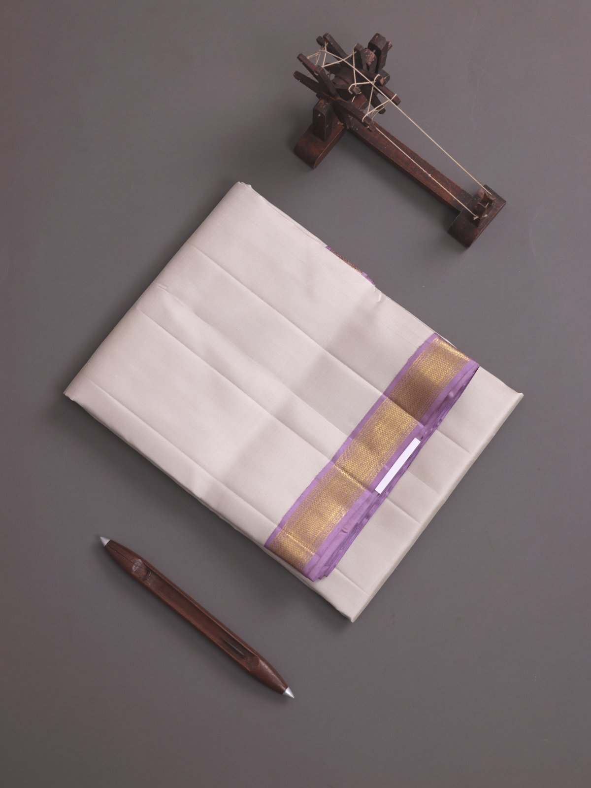 Light Grey Silk Dhoti And Vasthram With Lavender Zari Border 