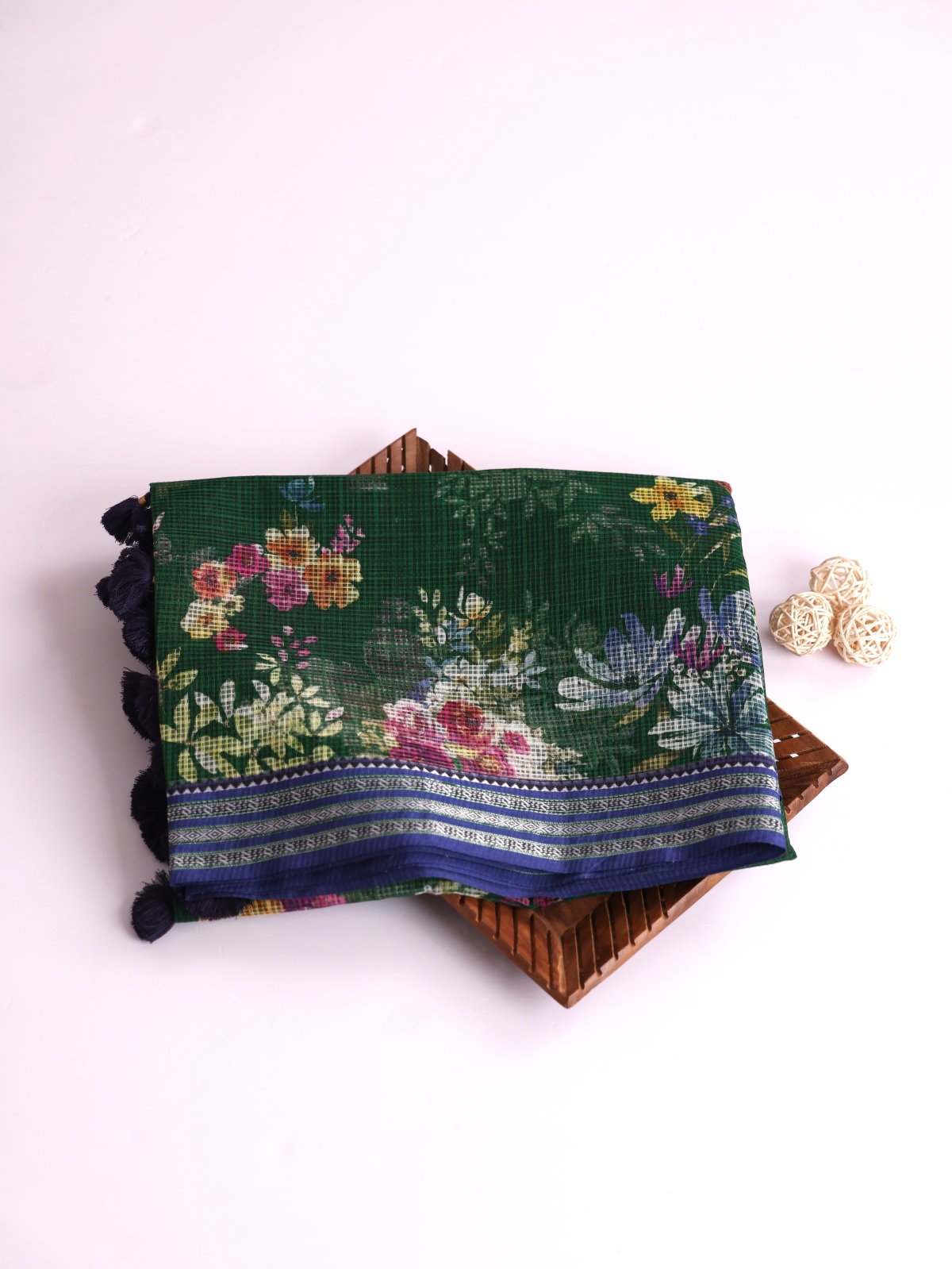 Bottle Green Printed Kota Cotton Saree With Navy Blue Vidarbha Border
