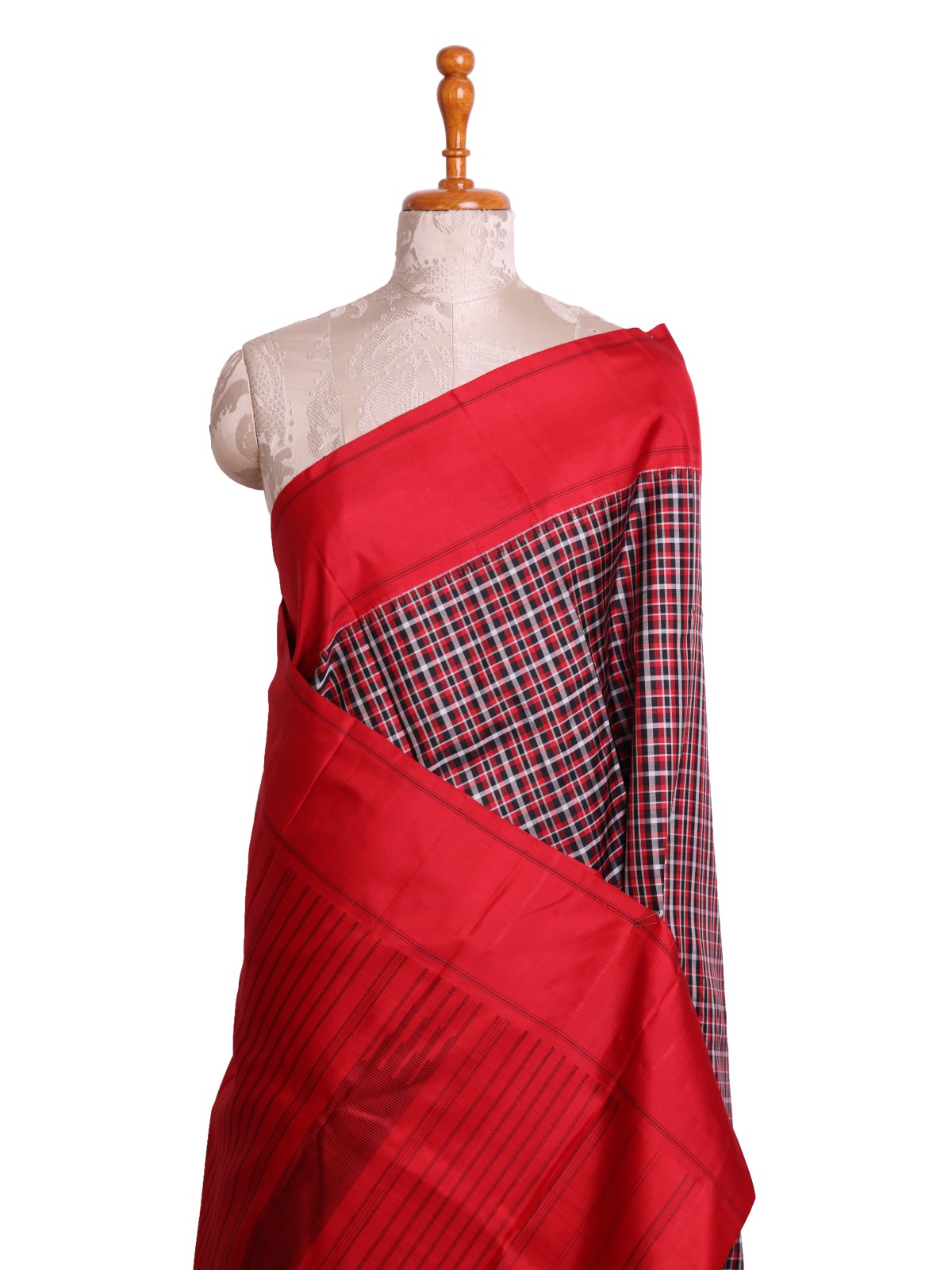 Multi Color Checked Kanjeevaram Silk Saree with Red Border 