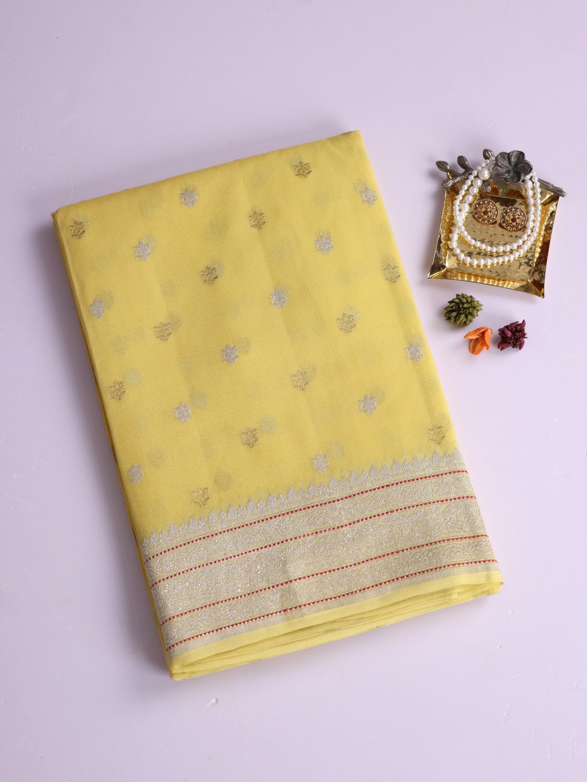Yellow Georgette Silk Saree With Zari Border
