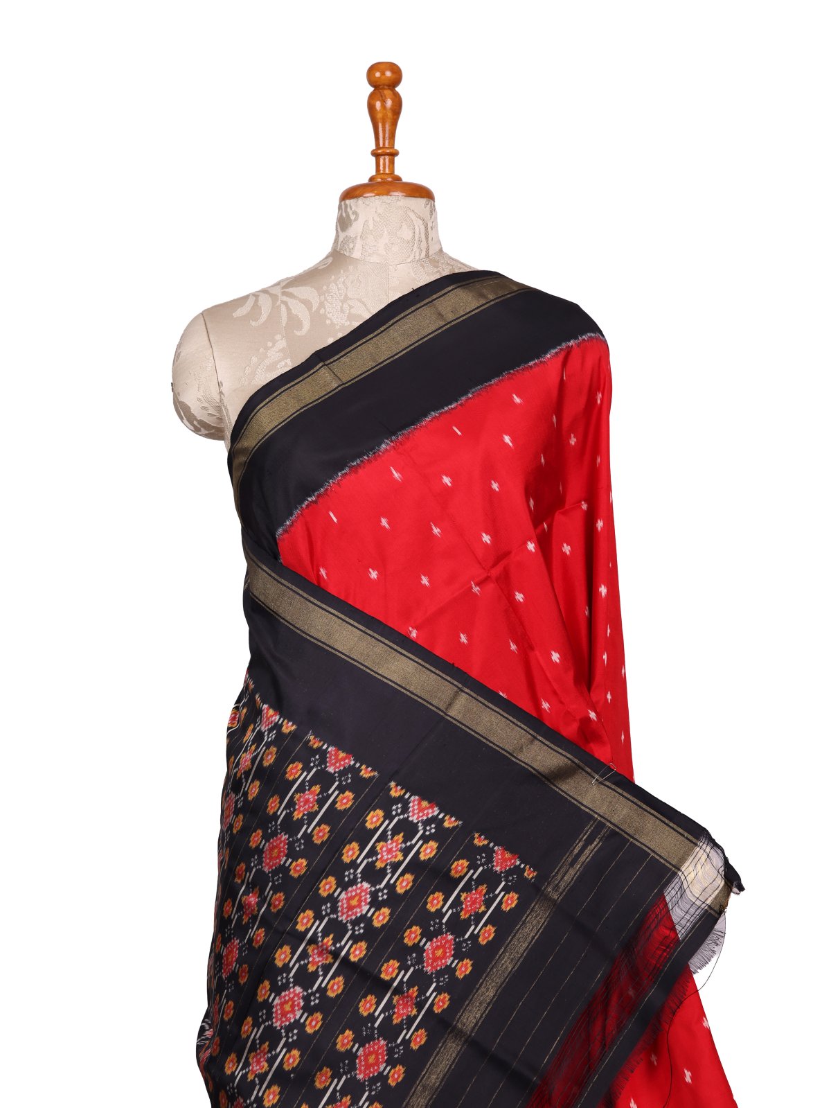 Red Ikat Silk Saree With Black Border