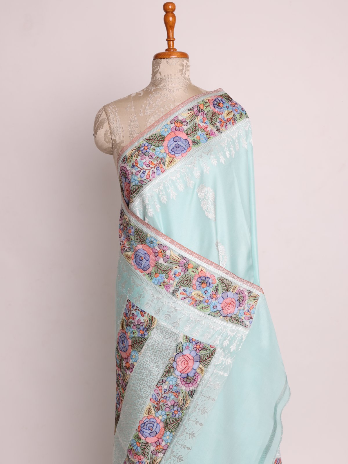 Light Blue Banaras Silk Saree With Shadow Embroidery Border