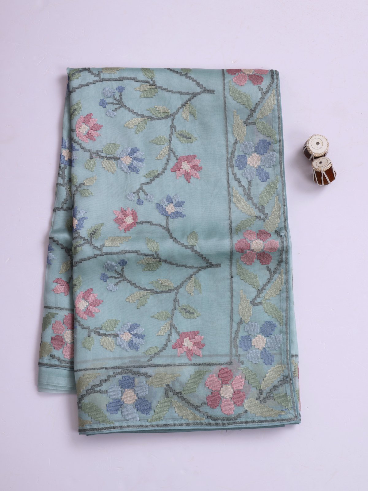Dusty Blue Embroidered Organza Silk Saree