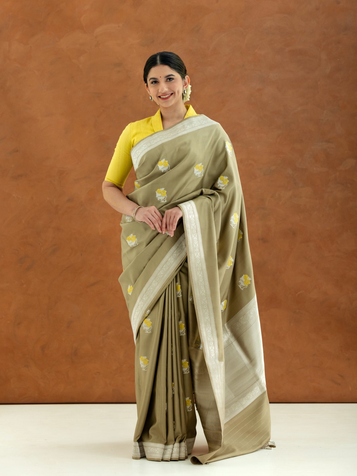 Khaki Mashru Silk Saree with Self Zari Border