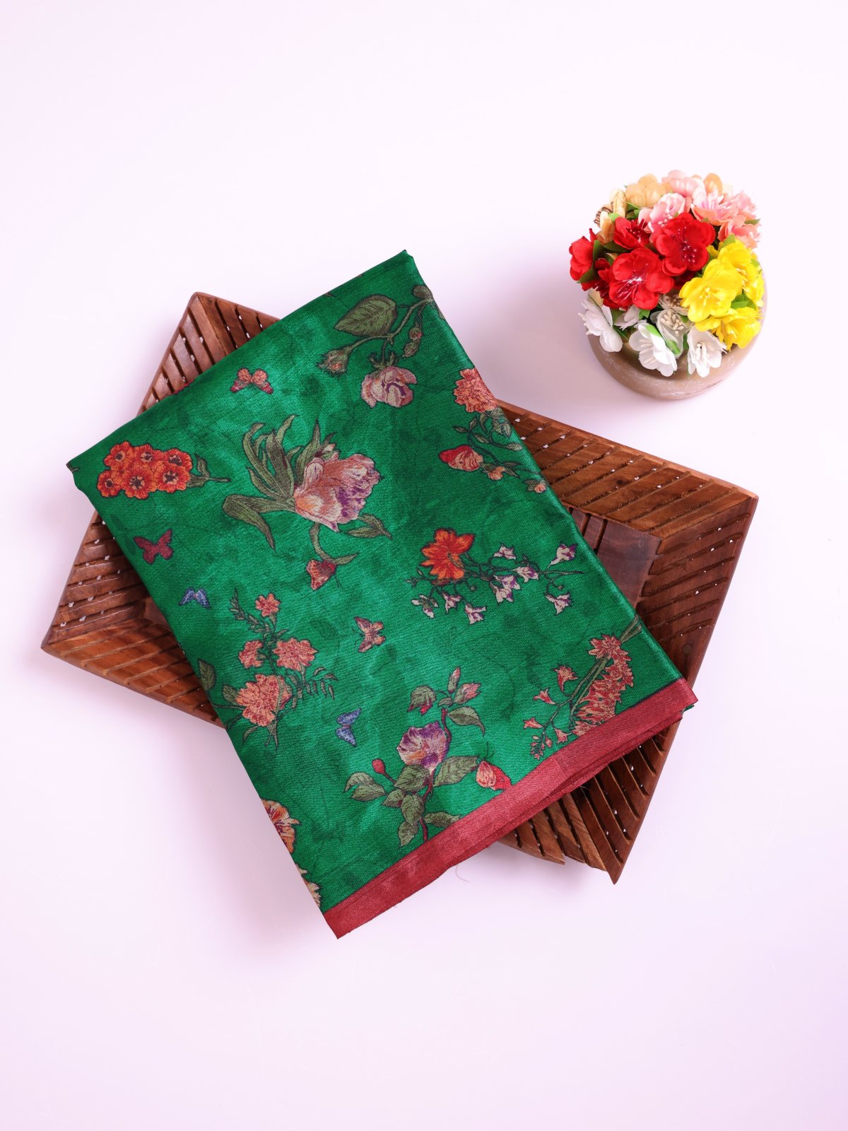 Dark Green Printed Tussar Silk Saree