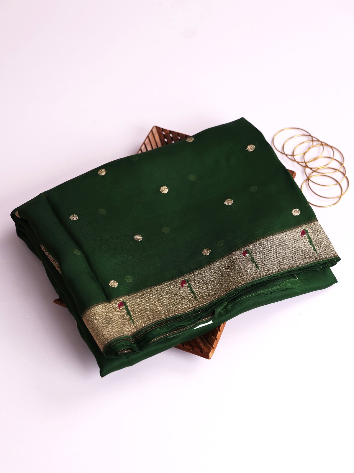 Bottle Green Organza Saree With Paithani Embroidery