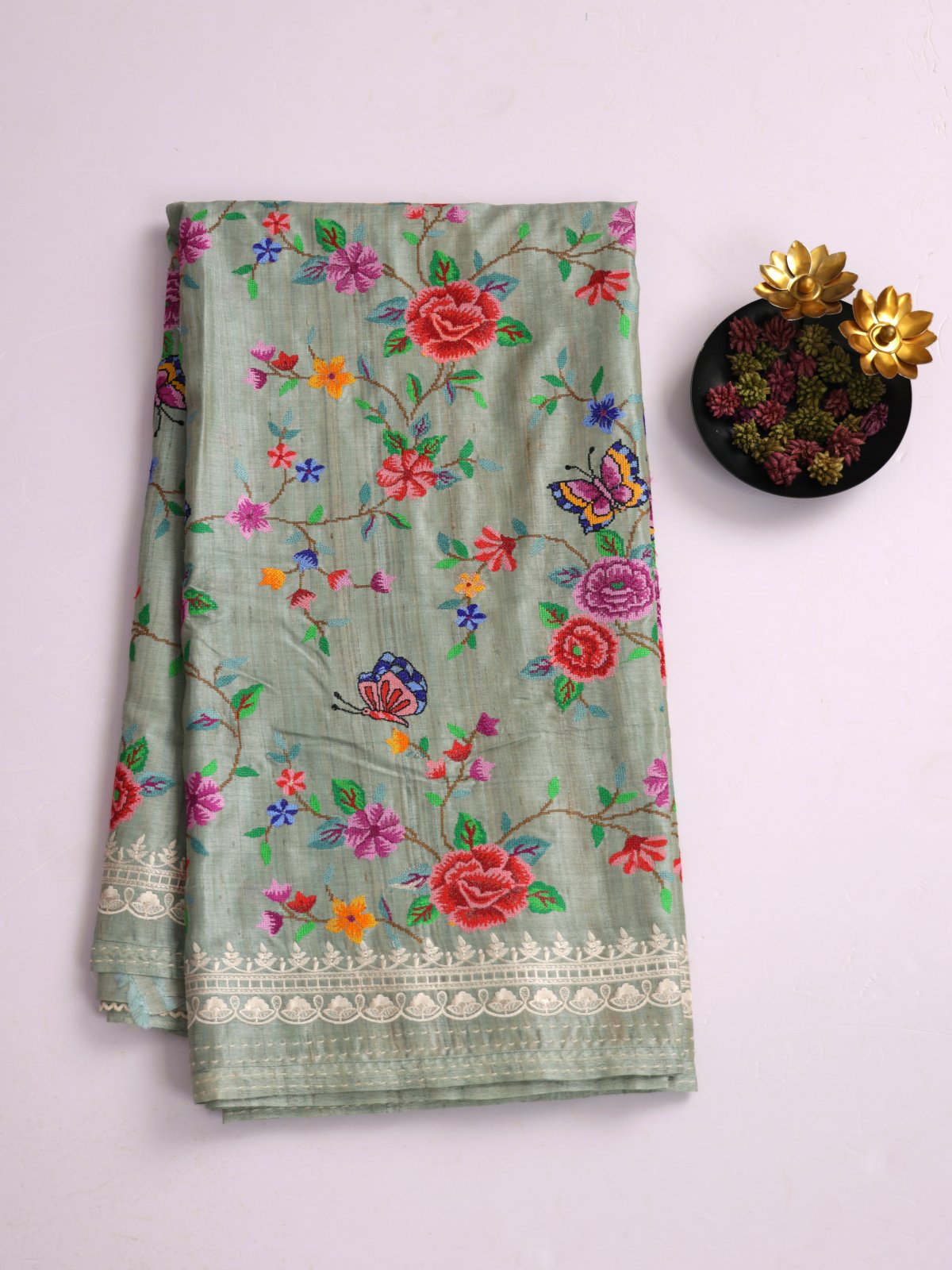 Sage Green Tussar Silk Saree With Cross-Stitch Embroidery