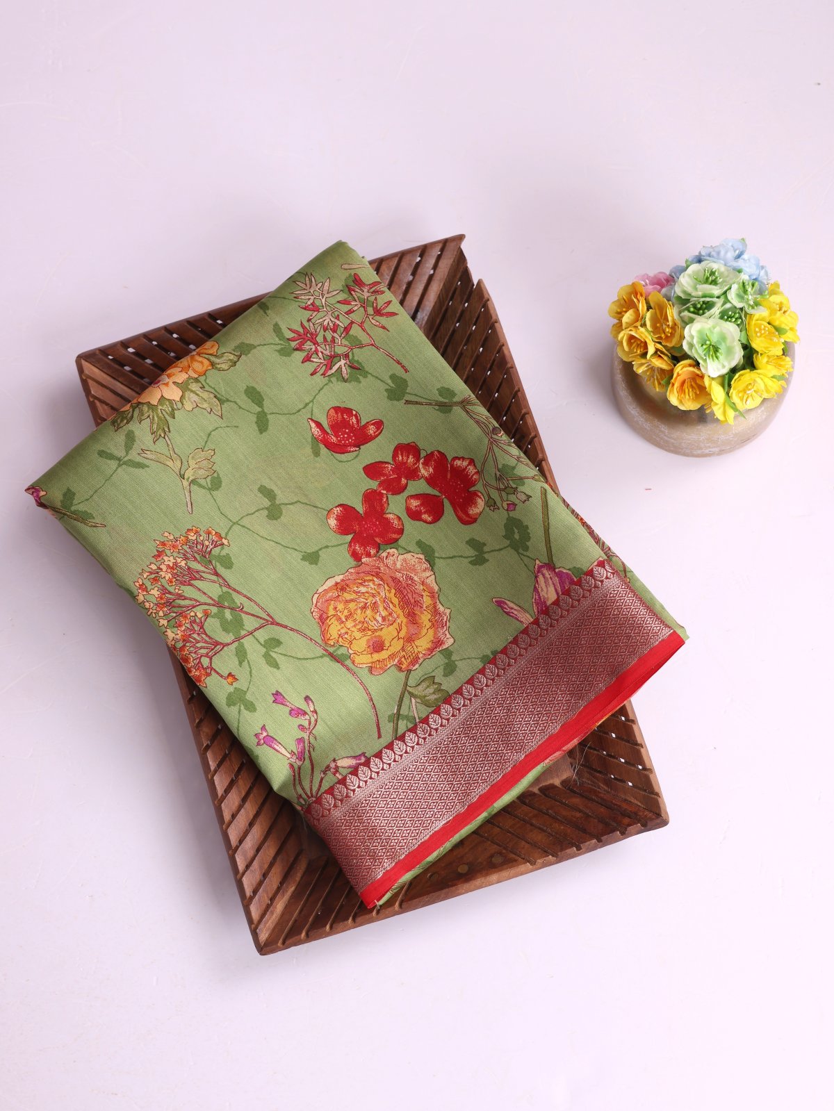 Light Green Printed Chaniya Silk Saree With Zari Border