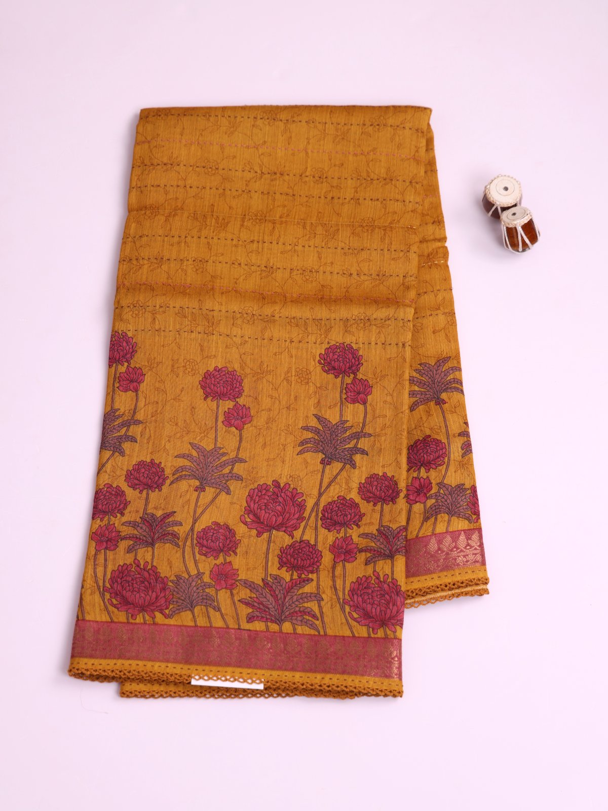 Mustard Yellow Printed Munga Silk Saree With Kantha Embroidery