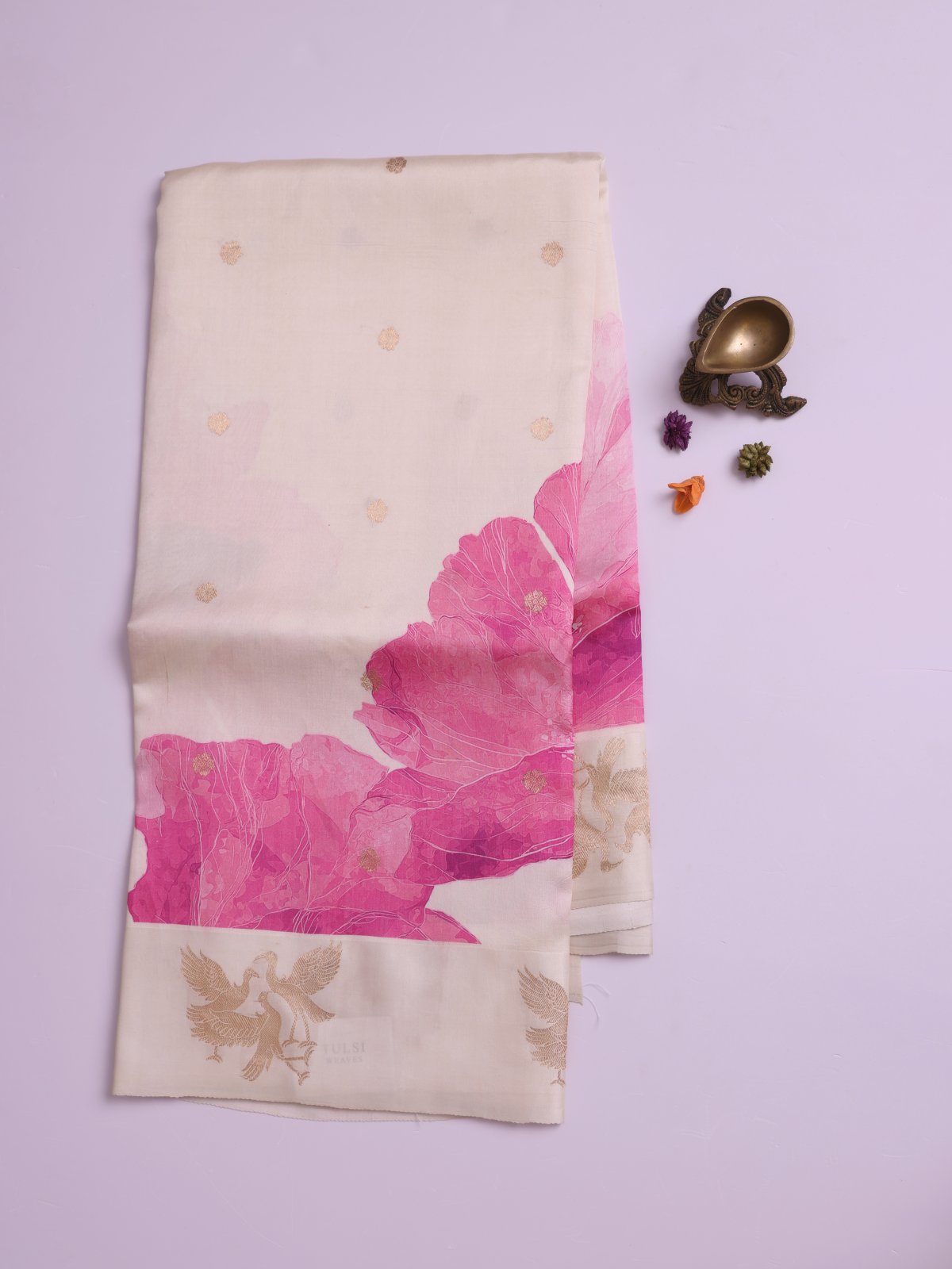 Cream Printed Mashru Silk Saree with Self Satin Border
