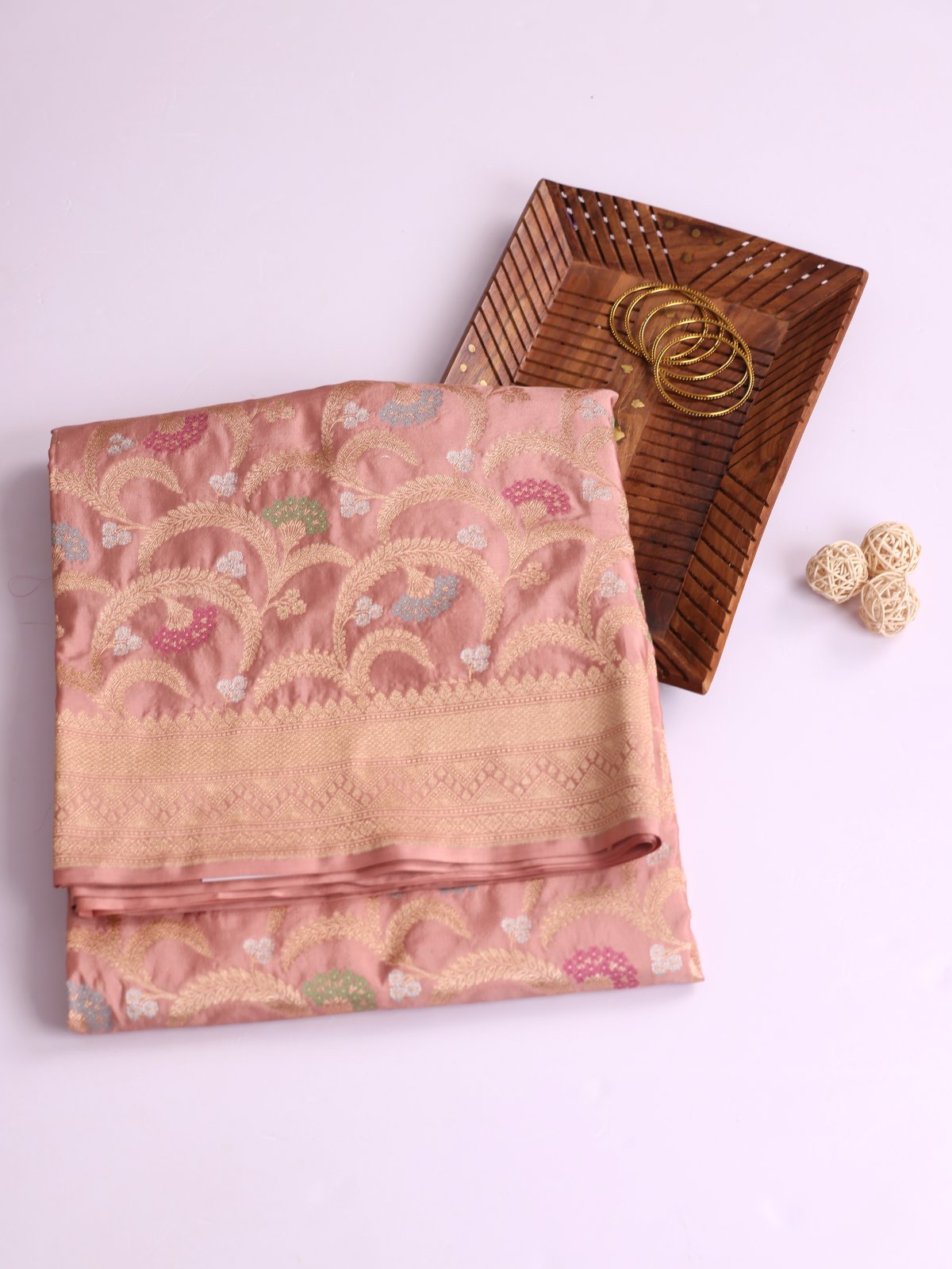 Dusty Peach Banaras Silk Saree with Zari Border