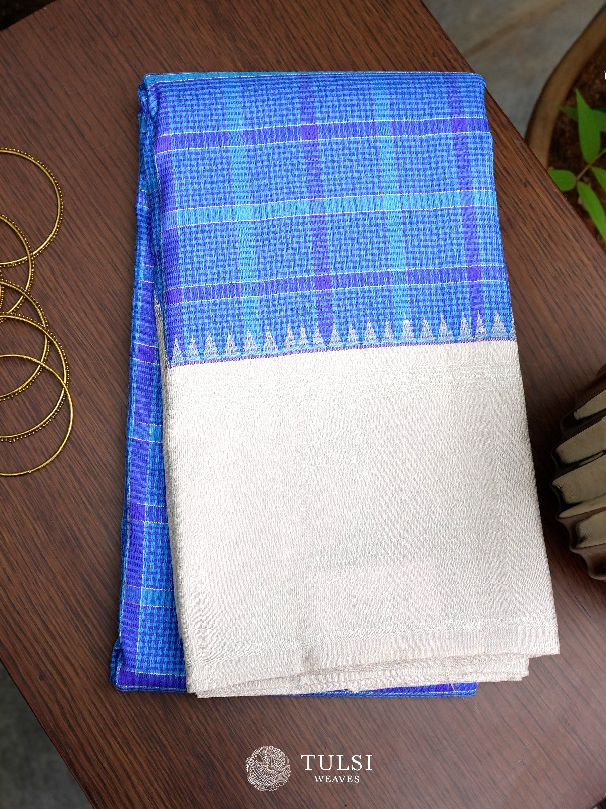 Blue Checked Kanjeevaram Silk Saree