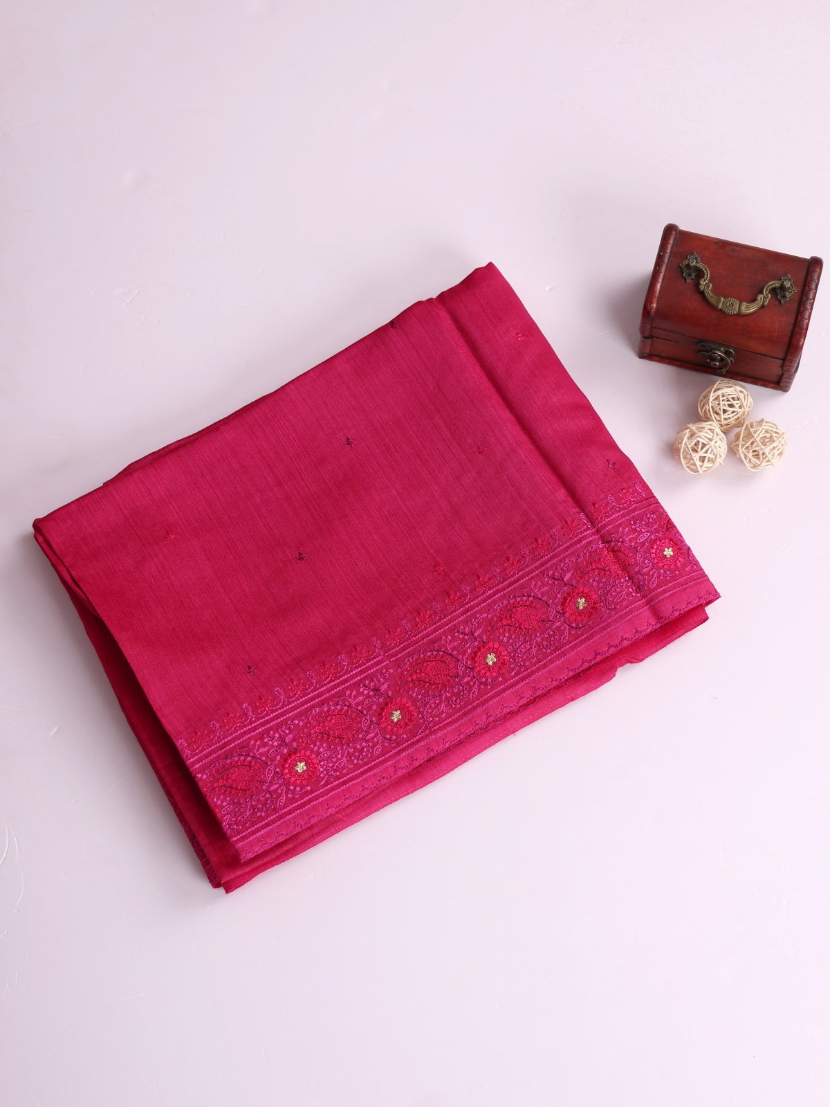 Rani Pink Embroidered Munga Tussar Silk Saree