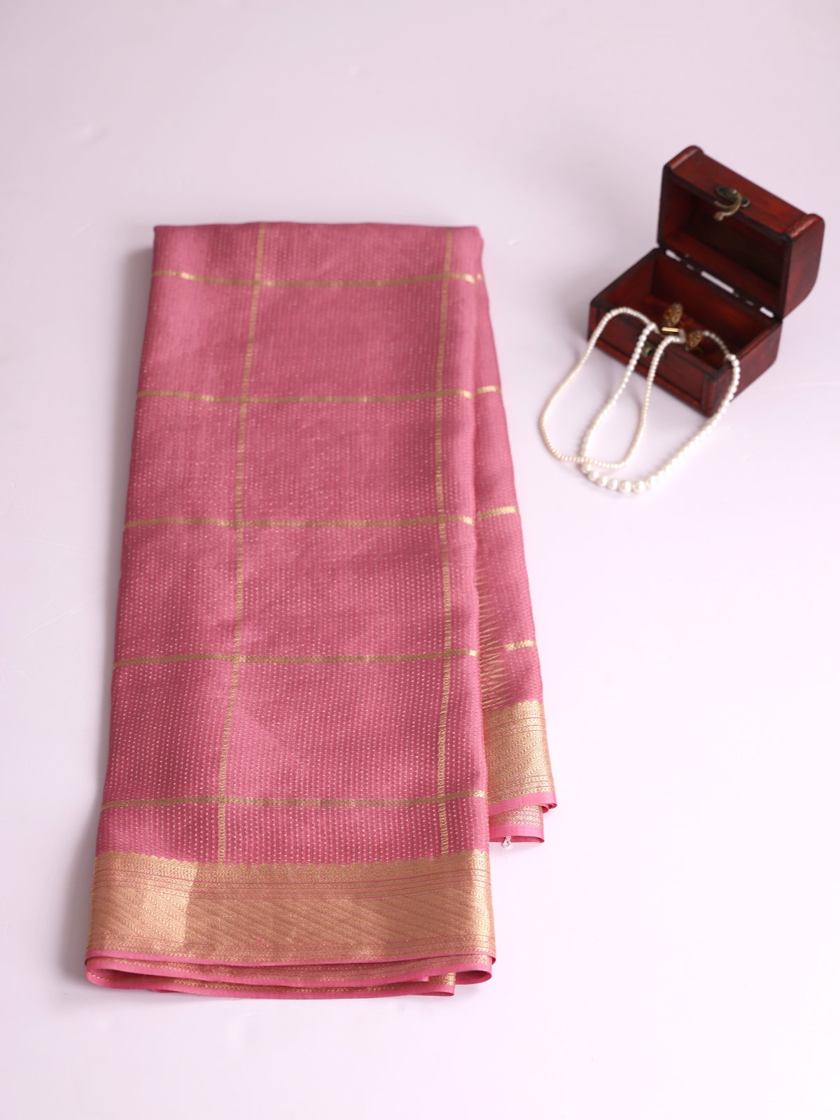 Pink Zari Checked Mysore Crepe Silk Saree
