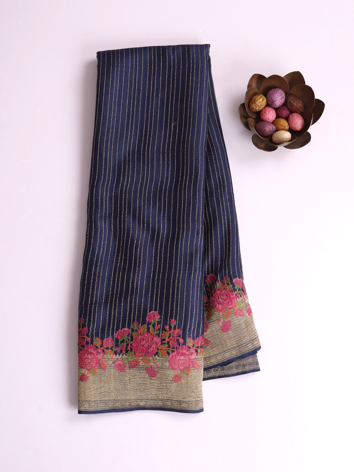 Navy Blue Crepe Silk Saree With Embroidered Border
