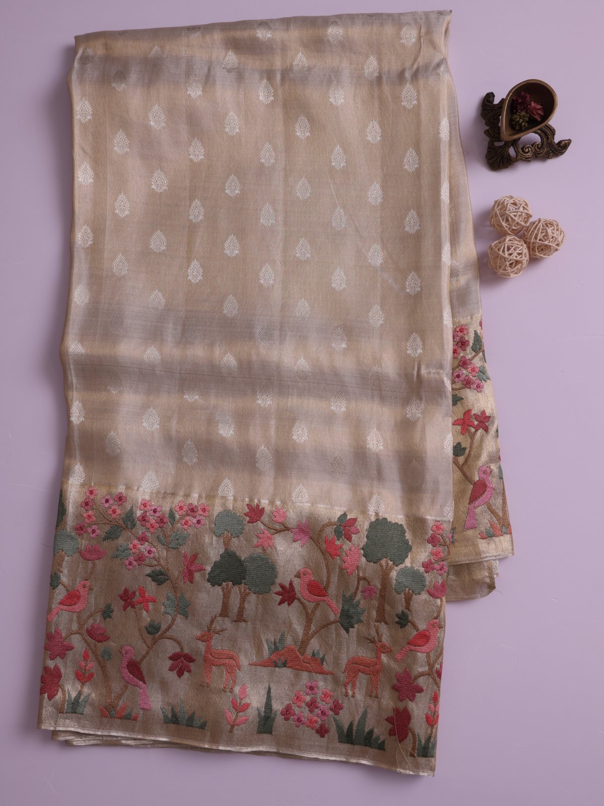 Off White Tissue Kanjeevaram Silk Saree With Embroidered Border