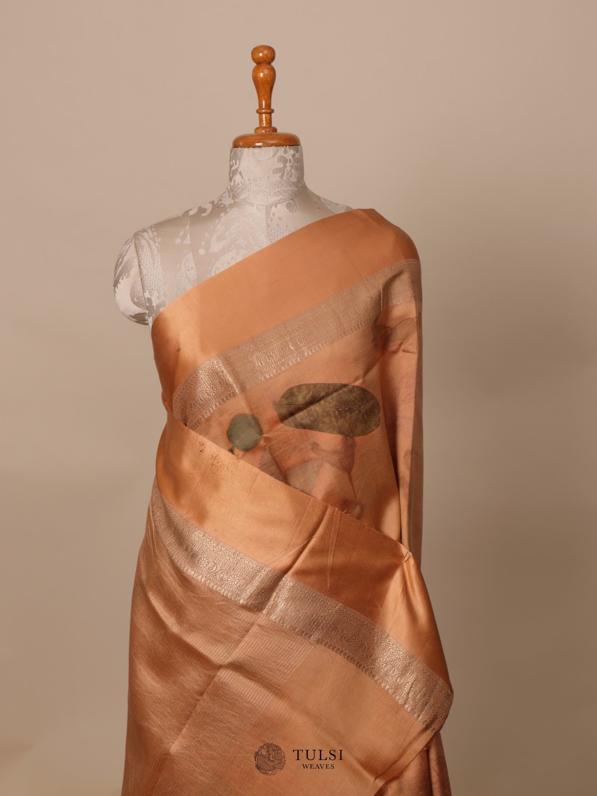 Orange Eco Print Silk Saree With Satin Border 