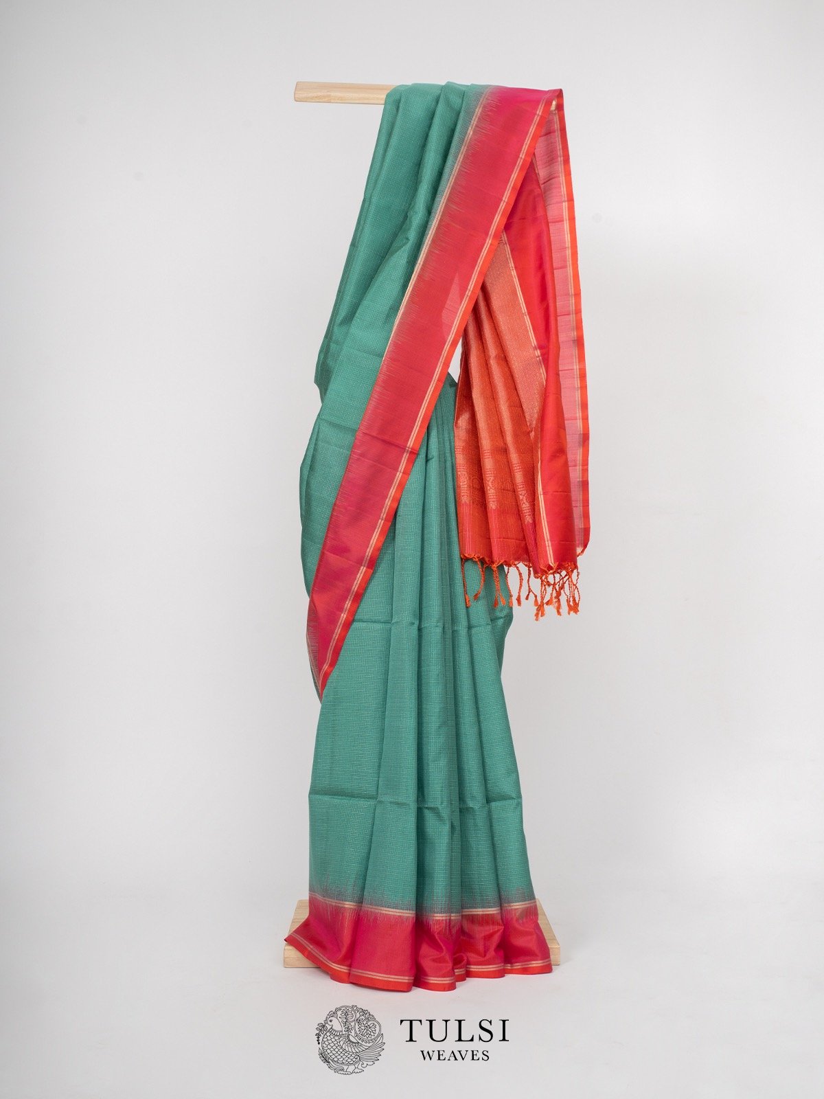 Teal Soft Silk Saree with Pink Border