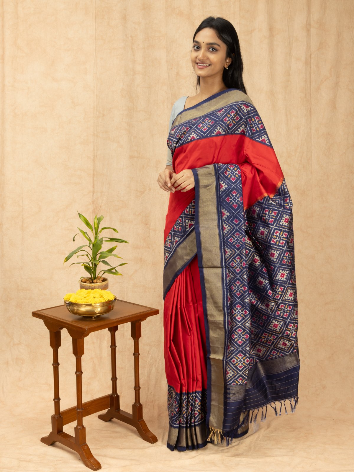 Red Ikat Silk Saree With Navy Blue Zari Border