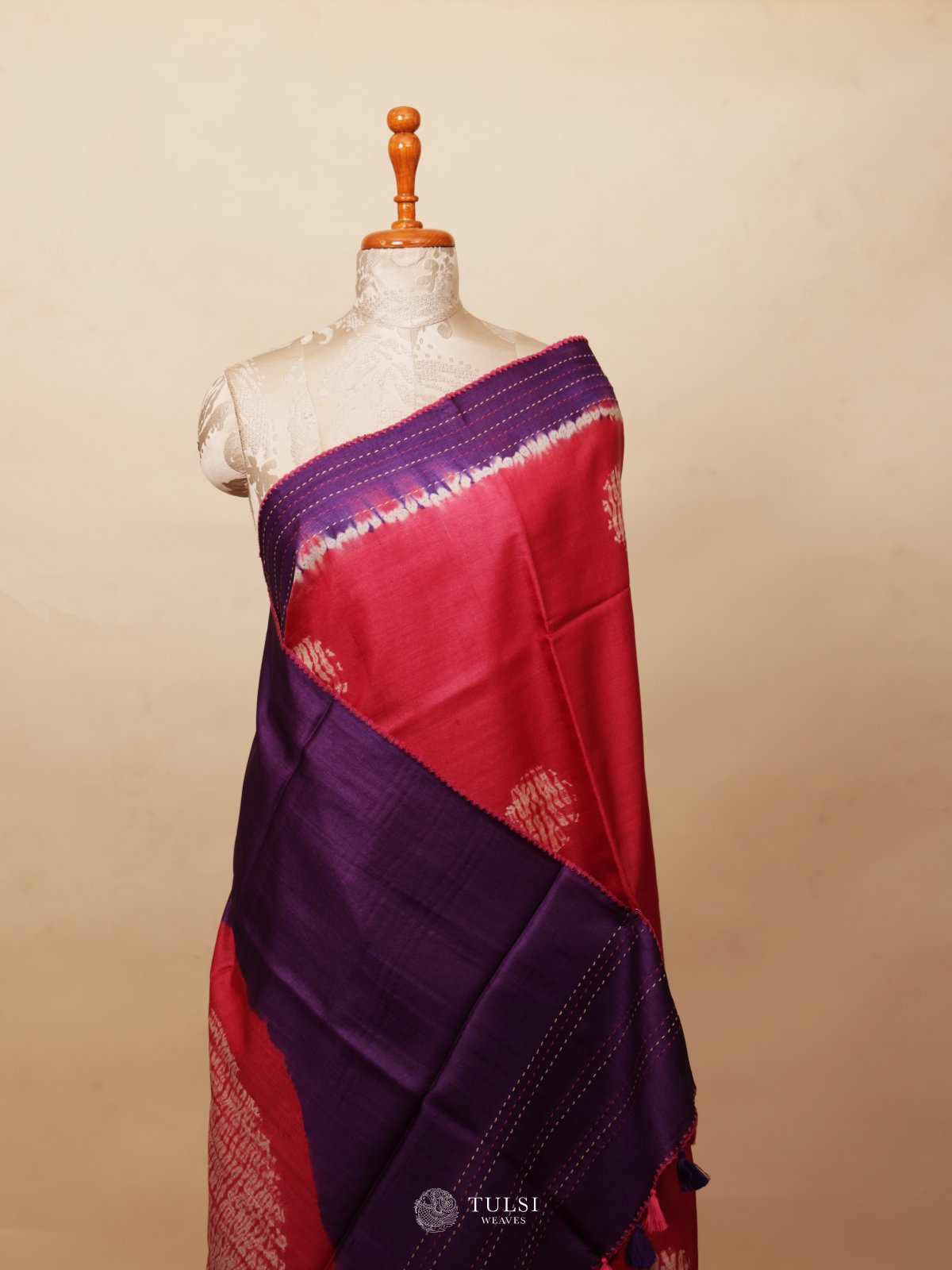Reddish Pink Shibori Tussar Silk Saree