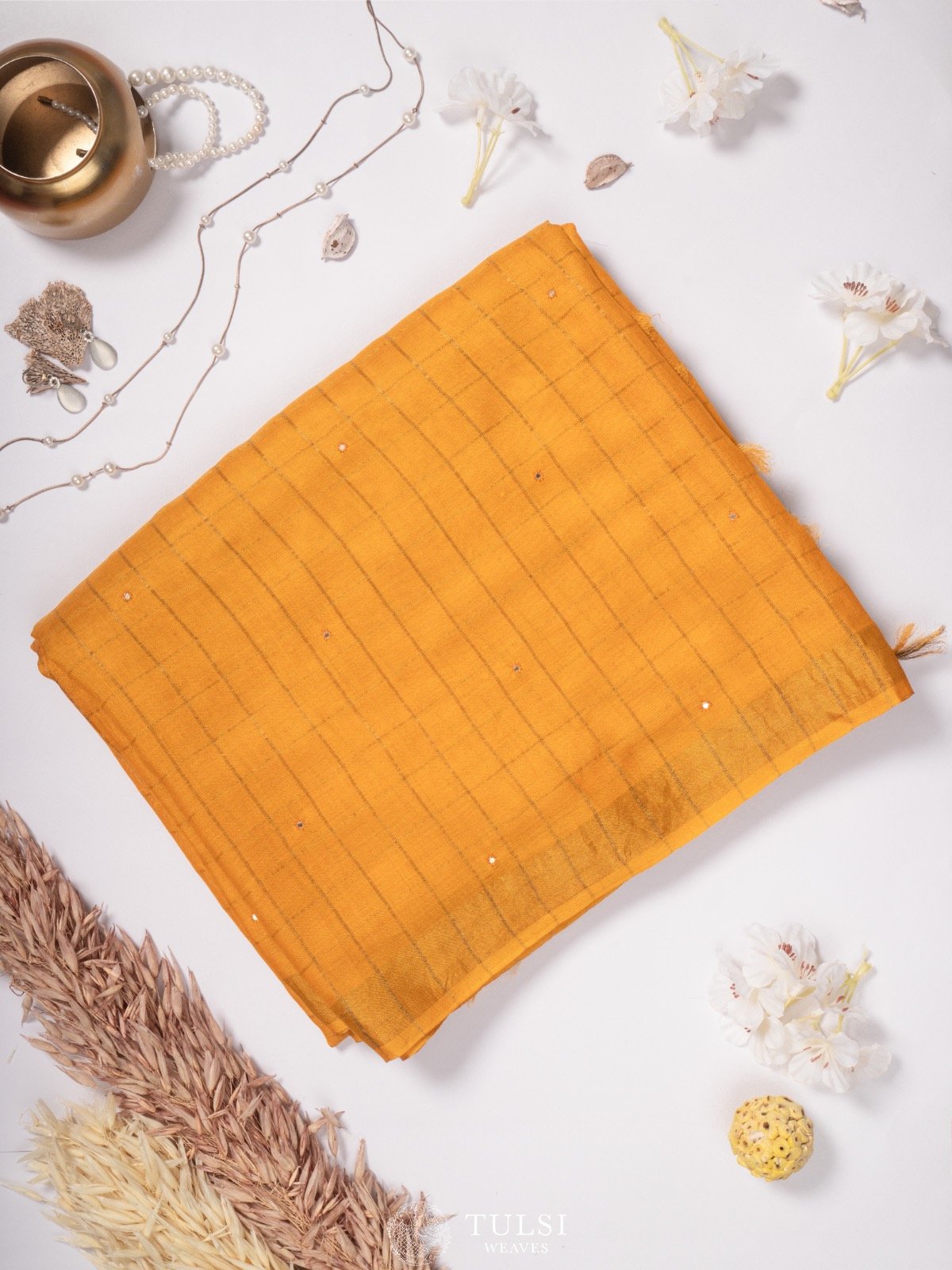 Mustard Tussar Silk Saree with Embroidery Blouse