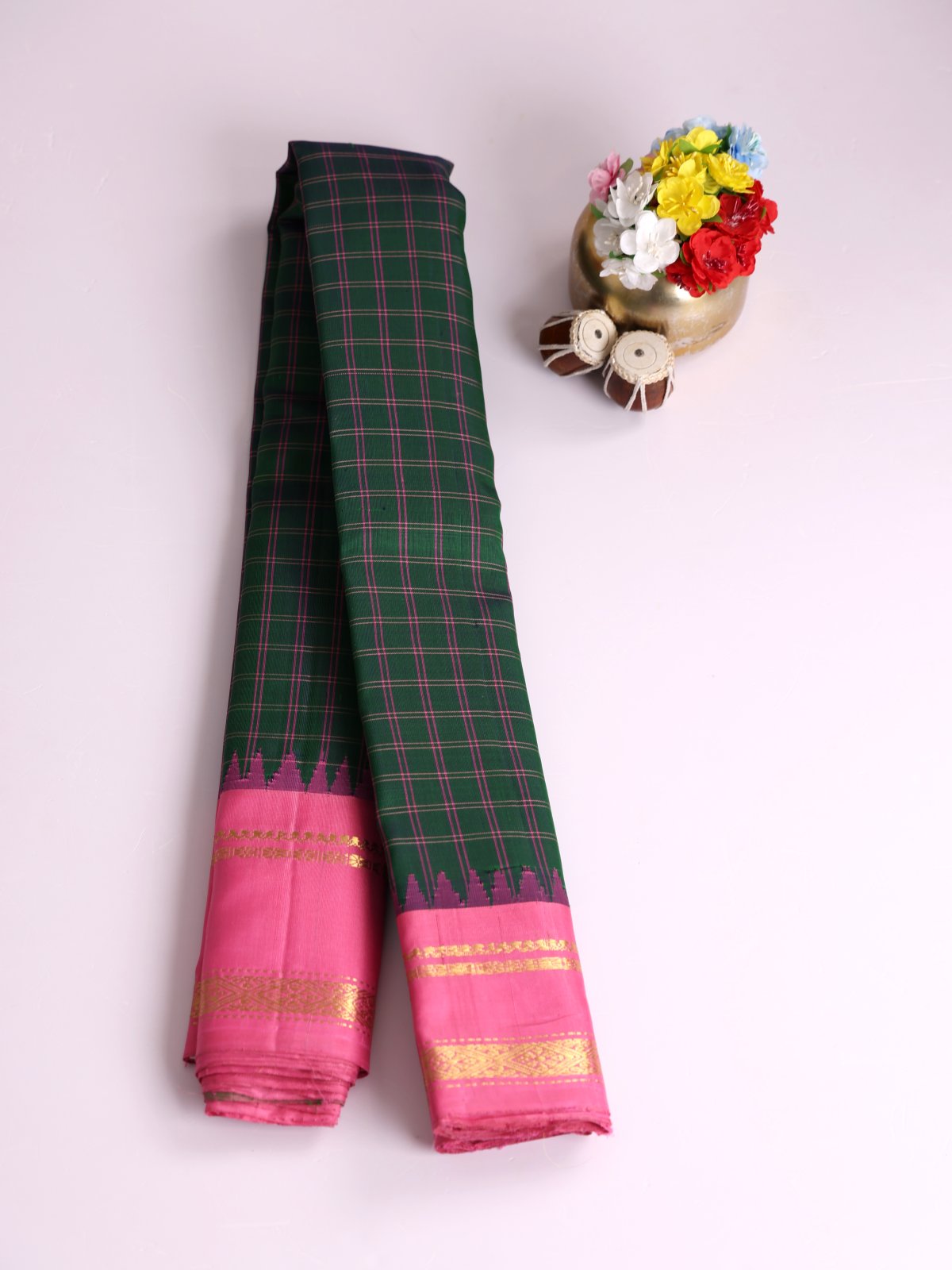 Bottle Green and Lotus Pink Checked Gadwal Silk Saree with Lotus Pink Border