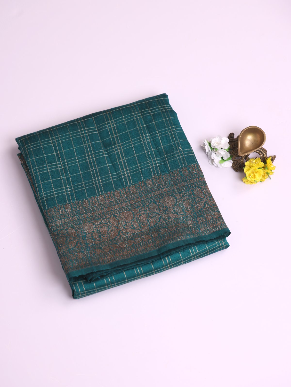 Teal Green Checked Banaras Tussar Silk Saree