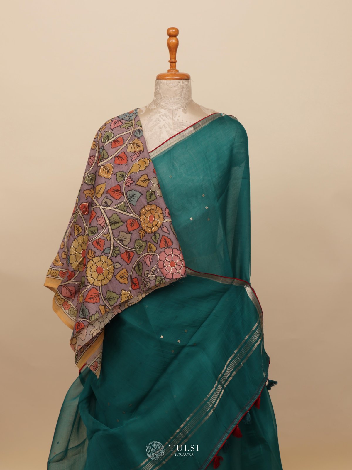 Peacock Blue Organza Saree With Kalamkari Blouse