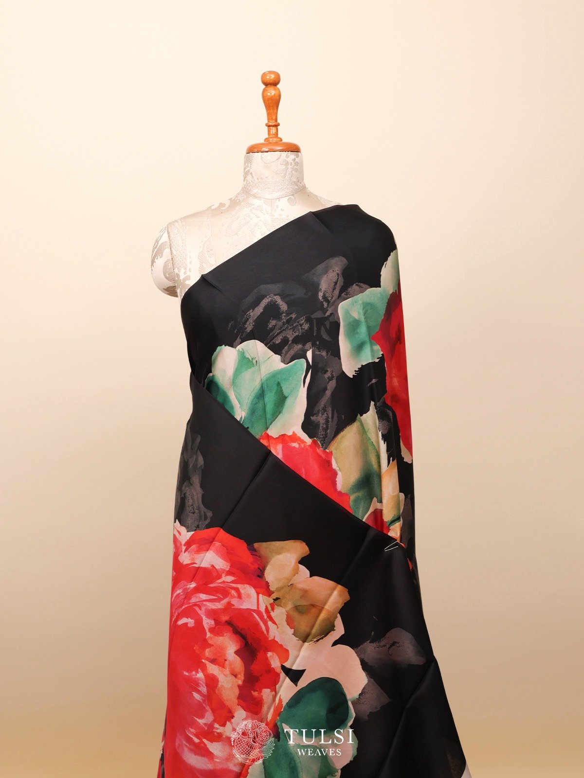 Black Satin Crepe Silk Saree With Floral Prints