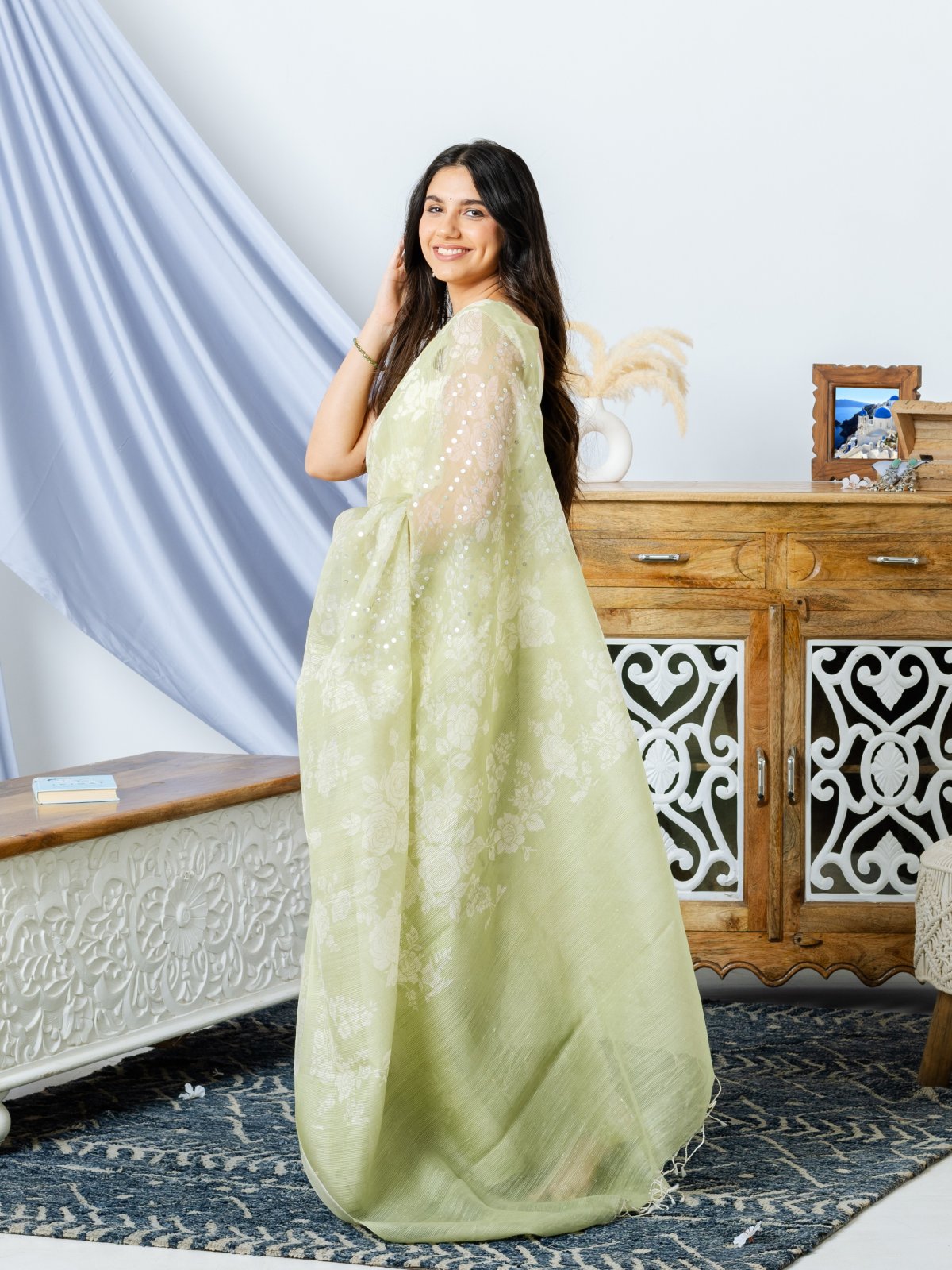 Light Green Kora Jute Saree with Floral Print