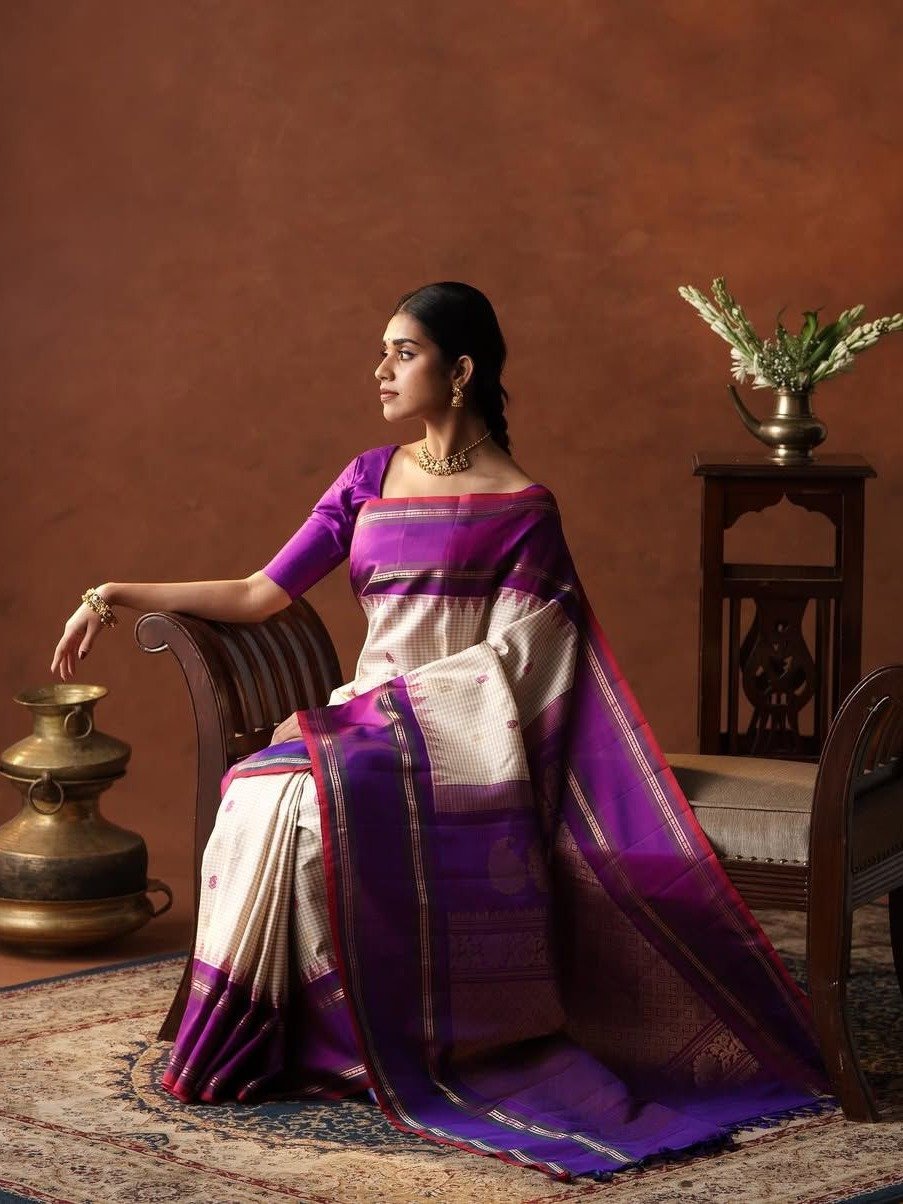 Ivory Gadwal Silk Saree With Purple Border 